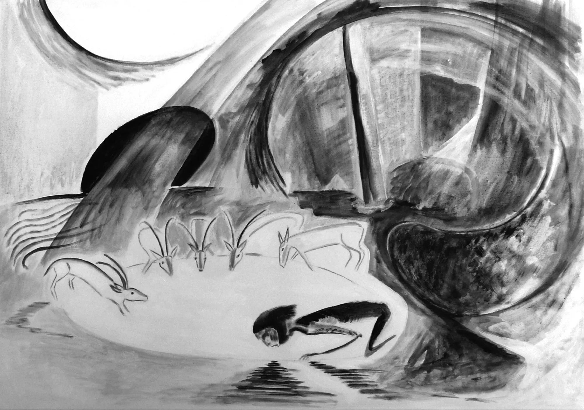 Black and white drawing of reclining figure surrounded by animals, Lin May Saeed Ekidu 2007