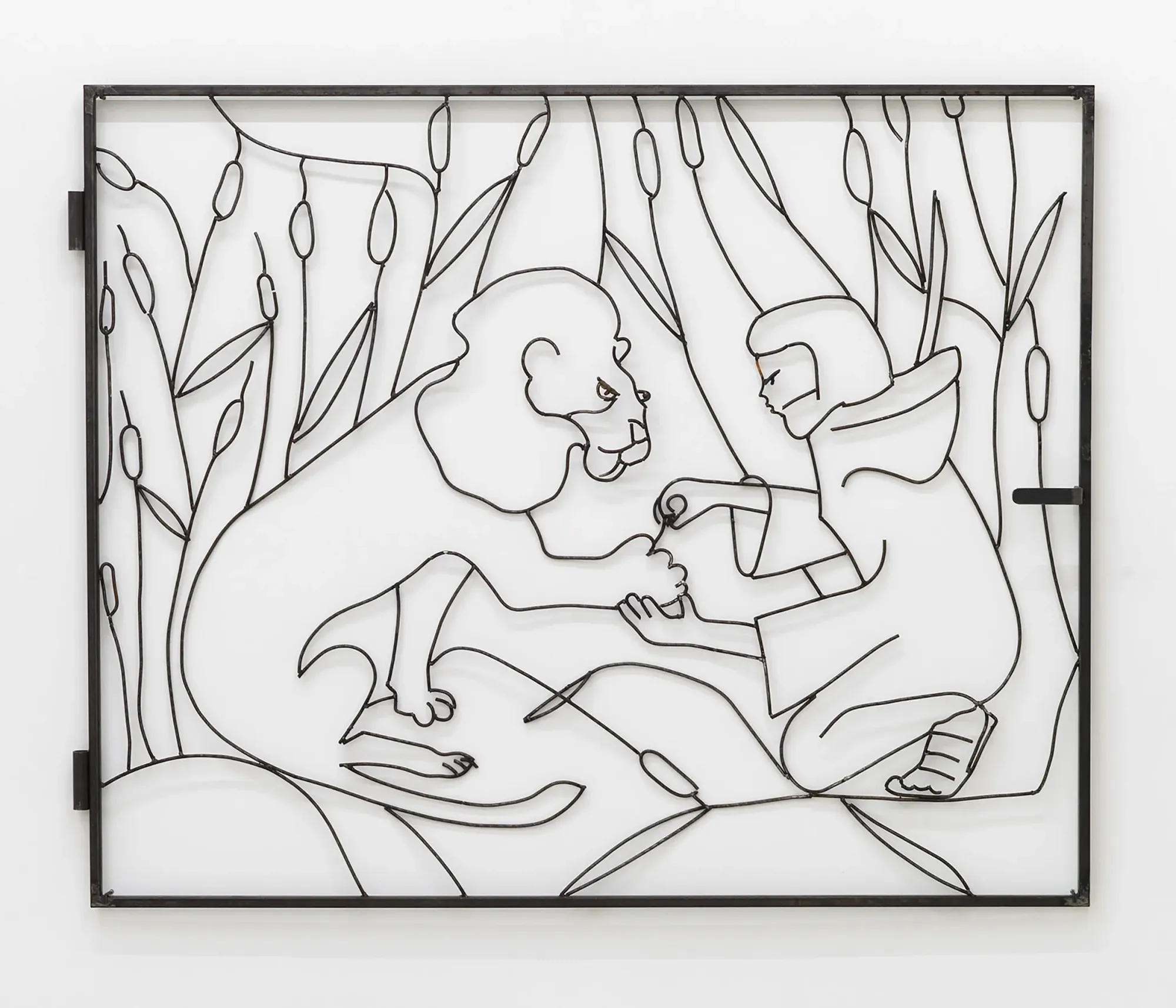 Lin May Saeed St Jerome and the Lion 2016 steel wire sculpture showing a human figure interacting with a lion in a forest-like scene