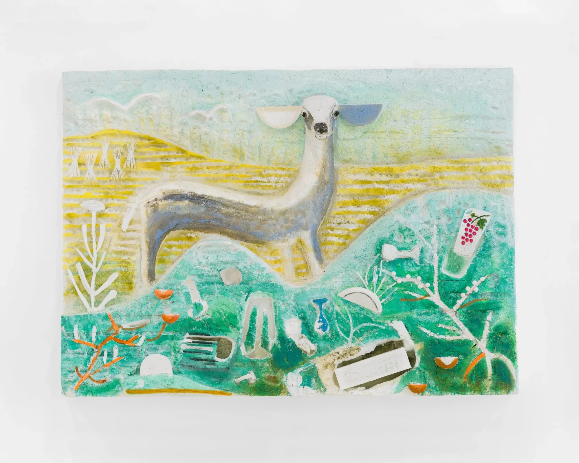 Relief sculpture with human and animal figures in textured surface, exhibition view by Lin May Saeed at Sapieha Palace Vilnius