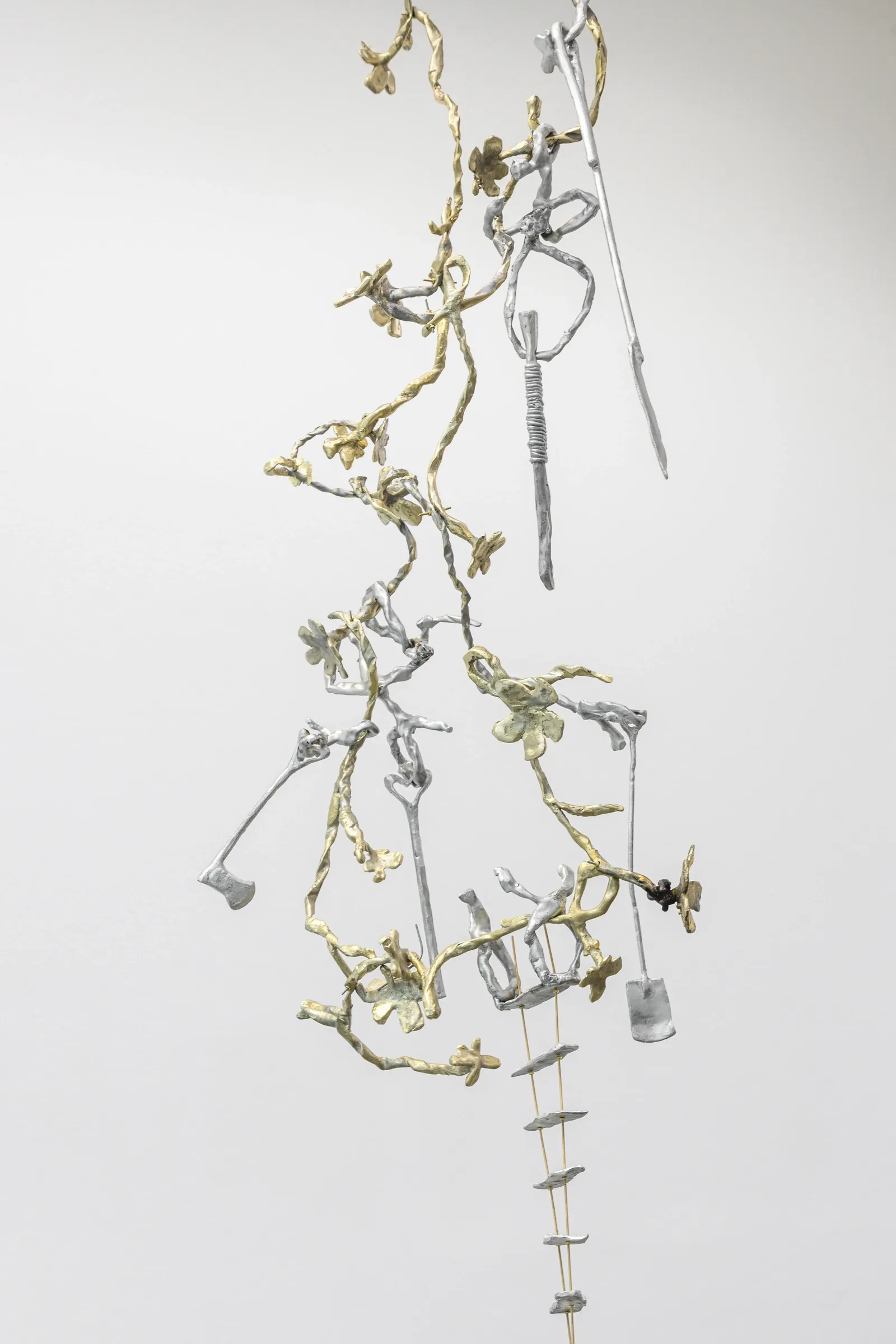 Maija Fox Hard Shoulders details showing cast aluminium forms, brass elements, and textured metal surfaces within sculptural installation