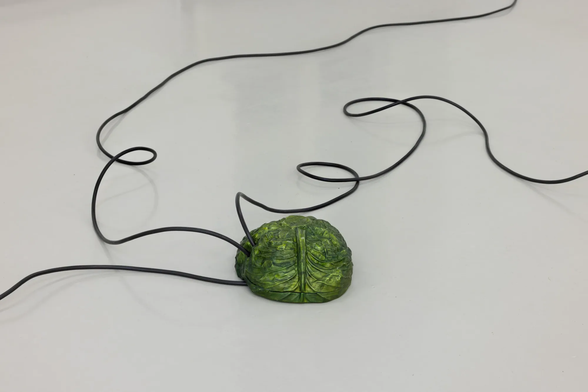 Unemployed cabbage head (2026) by Matti Sumari, anodized aluminium element connected to electrical cable, exhibited at SIC Helsinki