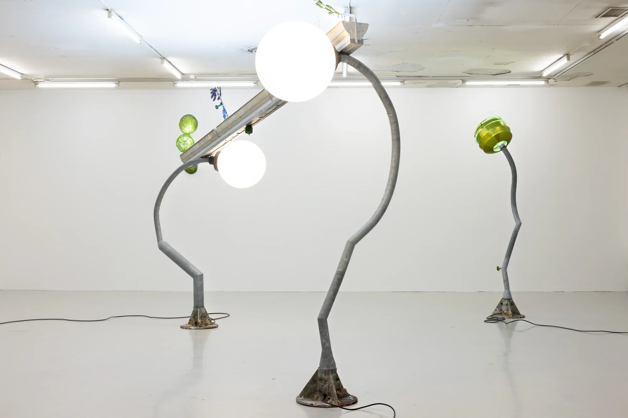 "Worker ant after work" (2026) by Matti Sumari, sculptural installation using 1990s Malmö street lights and anodized aluminium, exhibited at SIC Helsinki as part of Worker Ant After Work