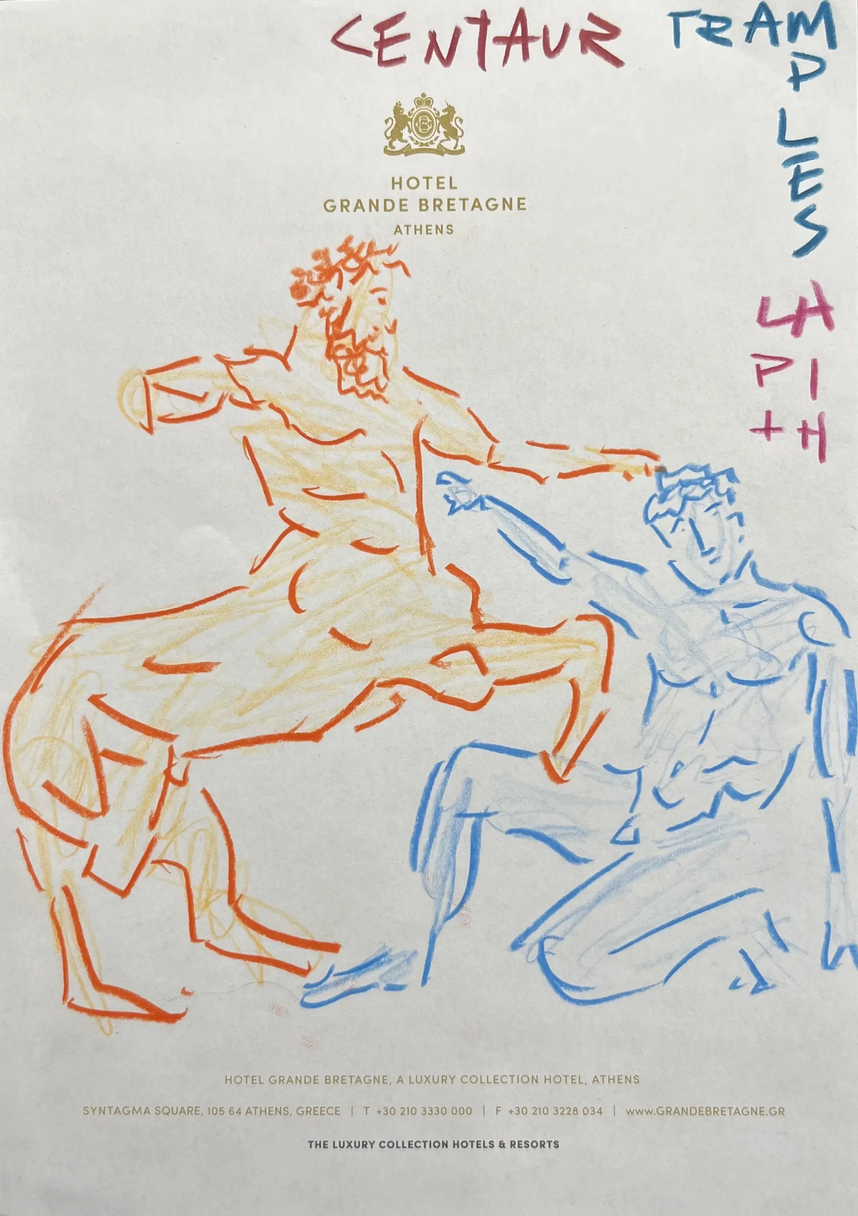 Michael McGregor drawing of a centaur and Lapith in dynamic combat in orange and blue on Hotel Grande Bretagne Athens stationery, 2026
