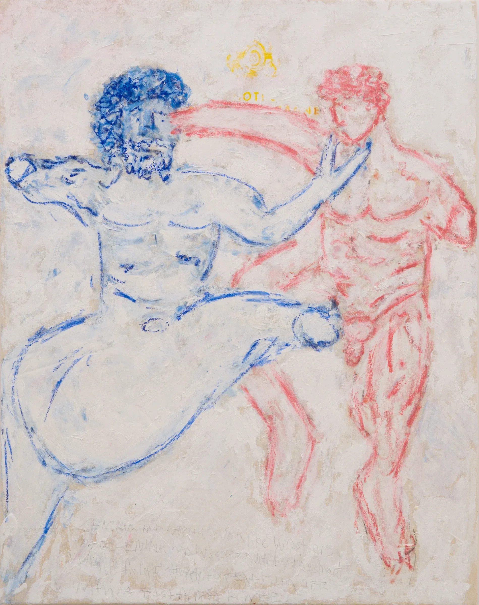 Michael McGregor drawing of a centaur and Lapith figure in blue and red on Hotel Grande Bretagne Athens stationery, Parthenon Marbles series, 2026