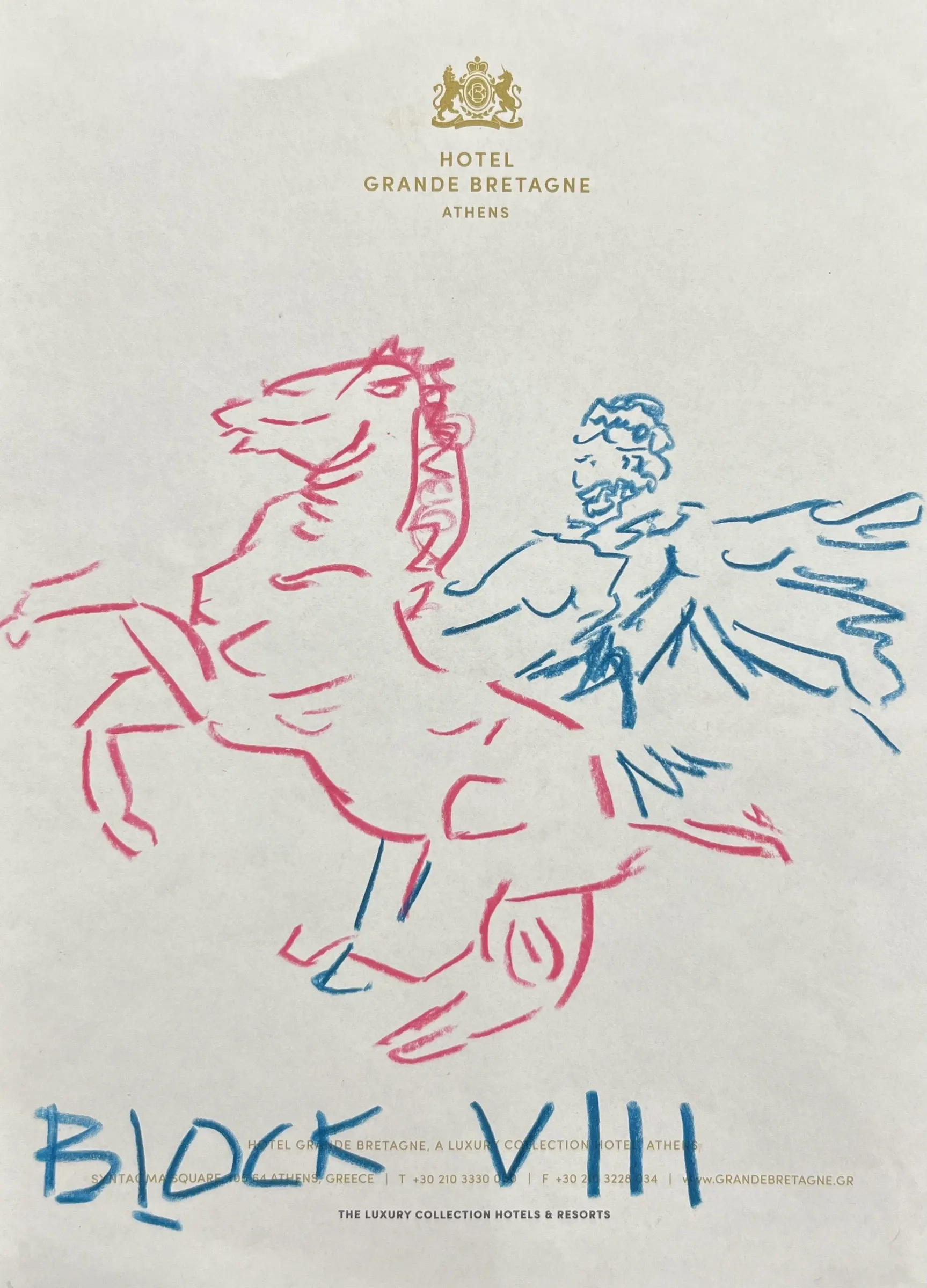 Michael McGregor drawing of a classical figure on a horse in red and blue on Hotel Grande Bretagne Athens stationery, 2026