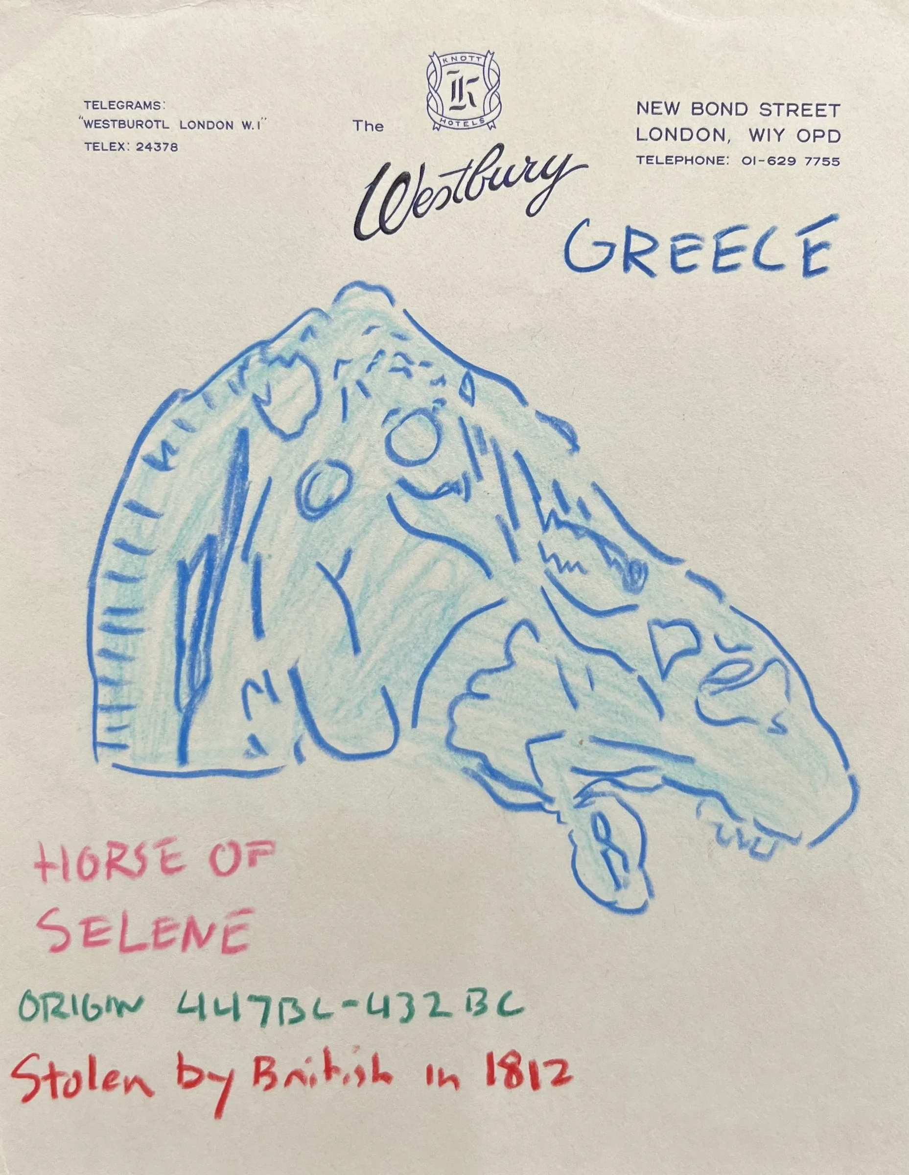 Michael McGregor drawing of the Horse of Selene on Westbury Hotel London stationery with handwritten text referencing origin and removal, 2026