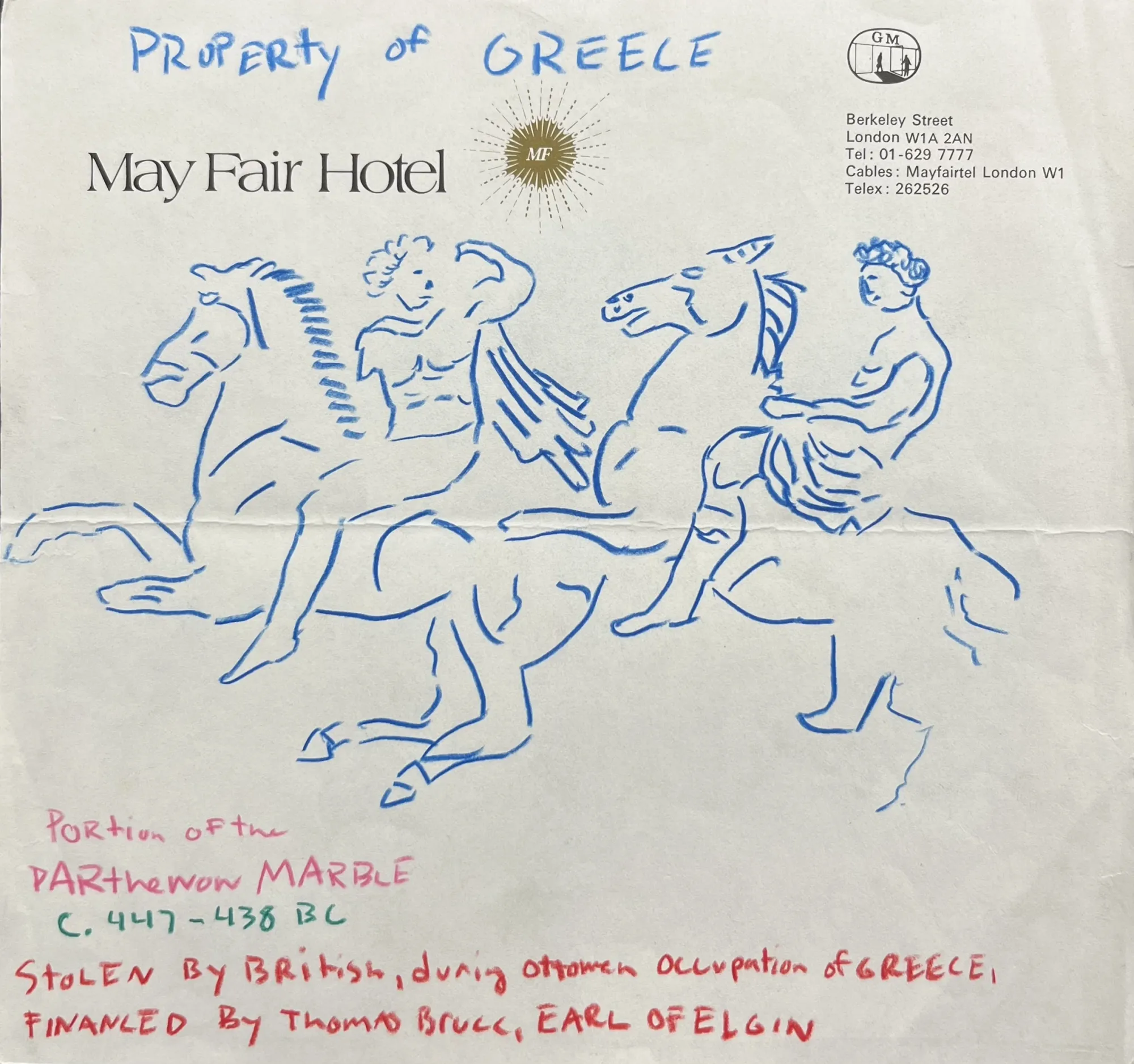 Michael McGregor drawing of horsemen from the Parthenon frieze on May Fair Hotel London stationery with handwritten notes, 2026