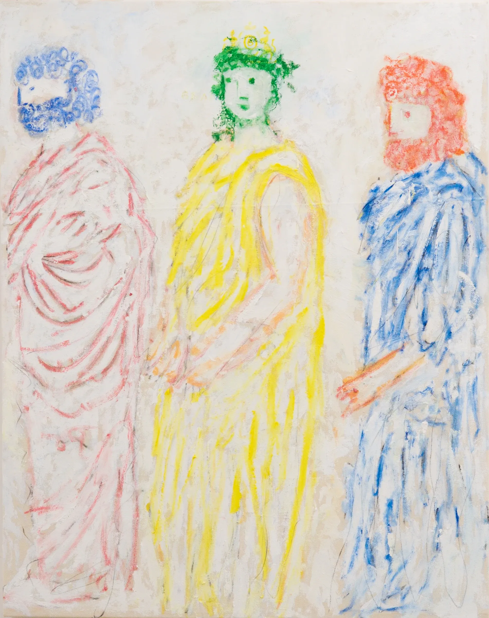 Michael McGregor drawing of three standing classical figures in red, yellow, and blue on Hotel Grande Bretagne Athens stationery, 2026