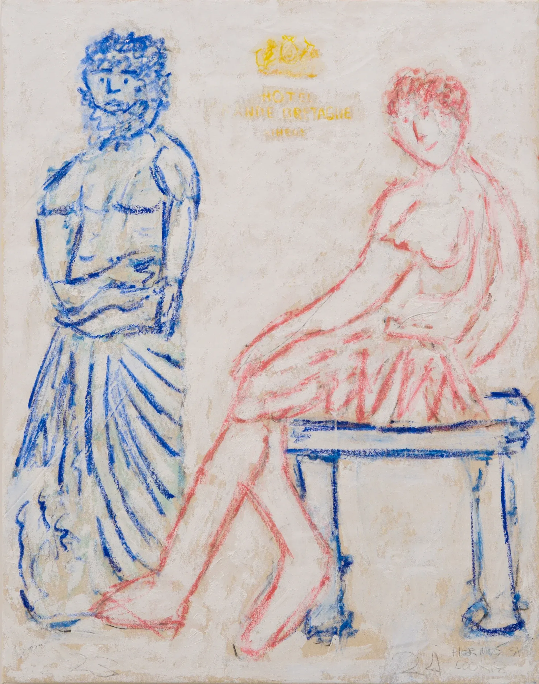Michael McGregor drawing of two classical figures, one seated and one standing, in red and blue on Hotel Grande Bretagne Athens stationery, 2026