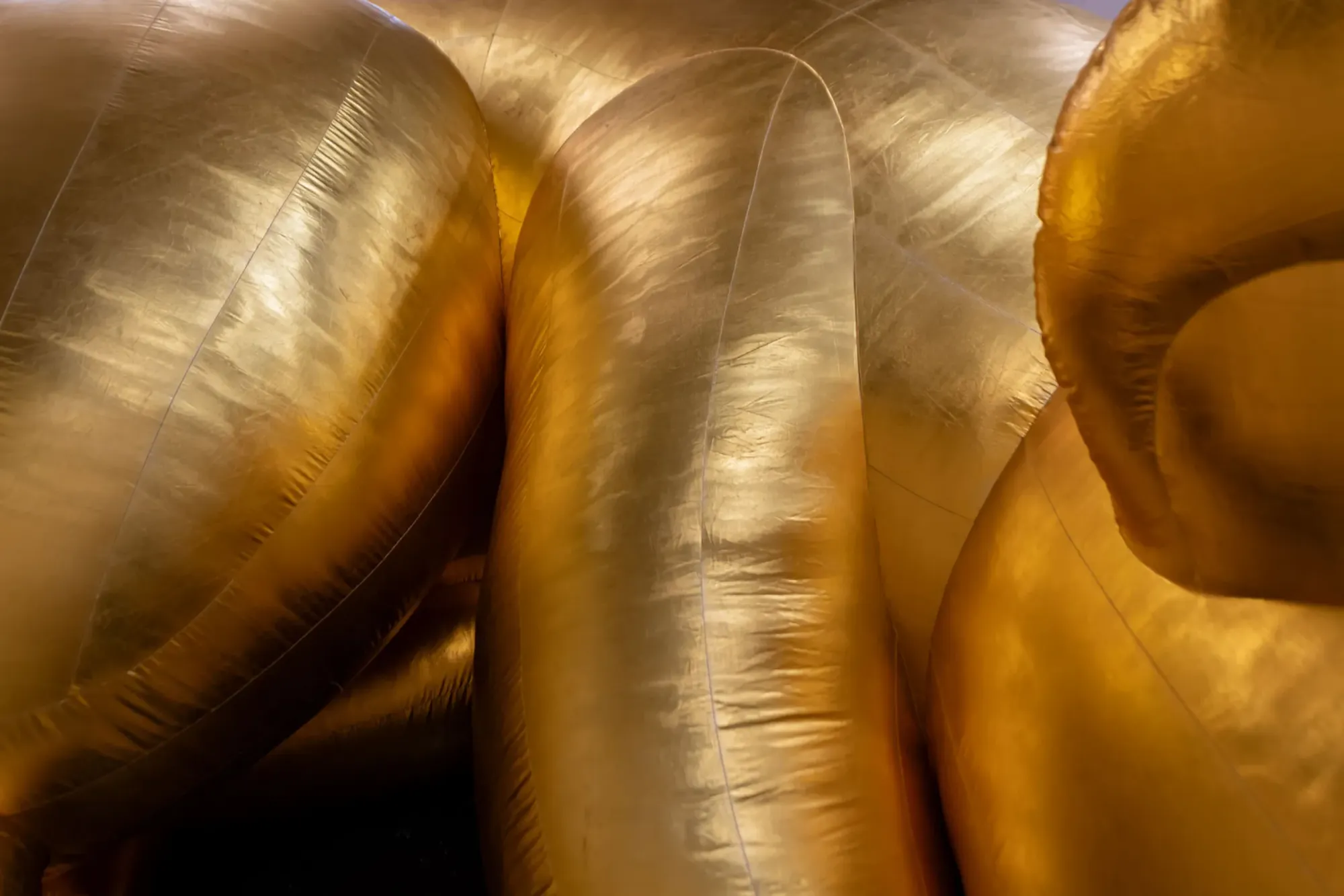 Detail of Esben Weile Kjær Lions installation, metallic gold inflatable form with stitched seams, St. Chads Projects London