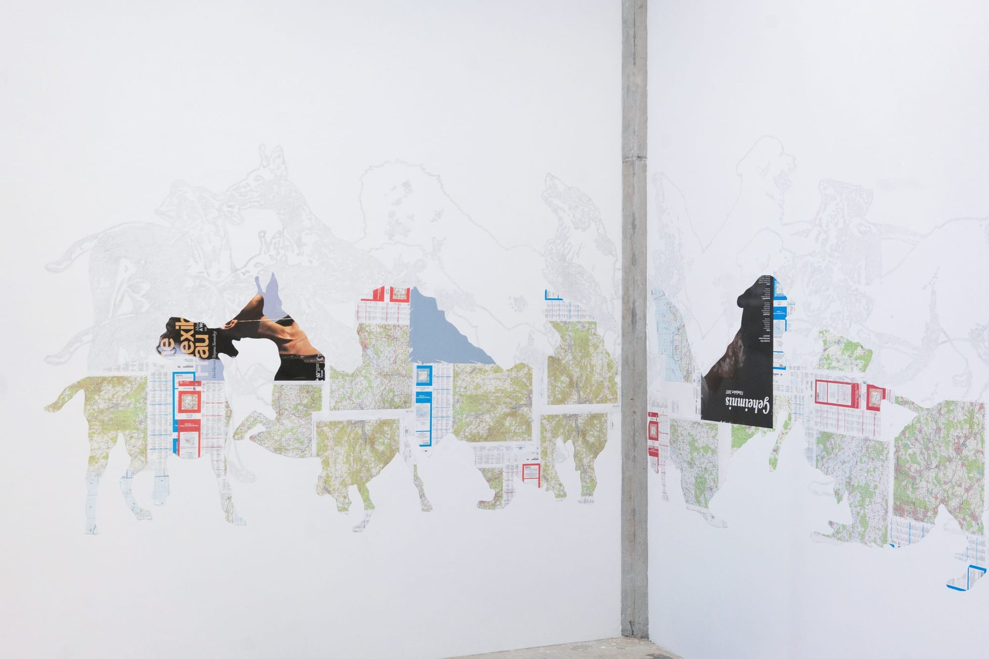 Stasia Grishina Looking for smth more 2025 installation view Hafenspace Offenbach map collage dog silhouettes Artist in Focus by Catapult