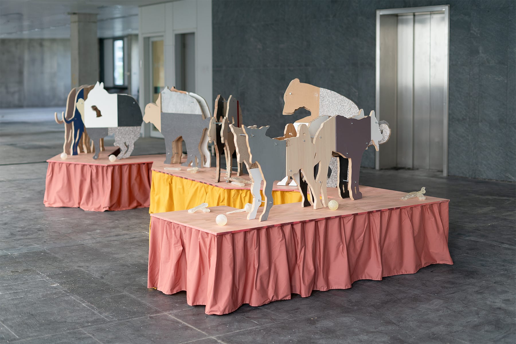 Stasia Grishina dog like figures made from cupboards and panels installation exploring power attachment and observation contemporary sculpture Germany