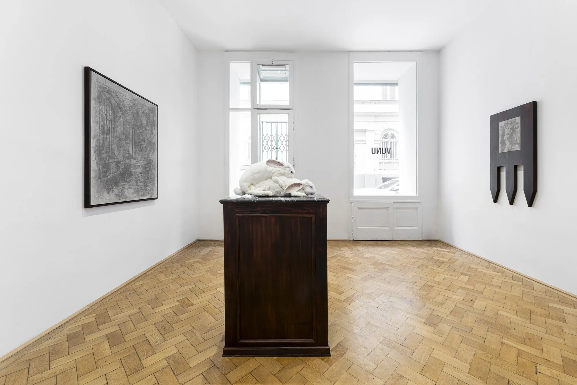 Tudor Ciurescu ELEGIA installation view at VUNU Vienna with taxidermy rabbits on central pedestal and framed works on walls