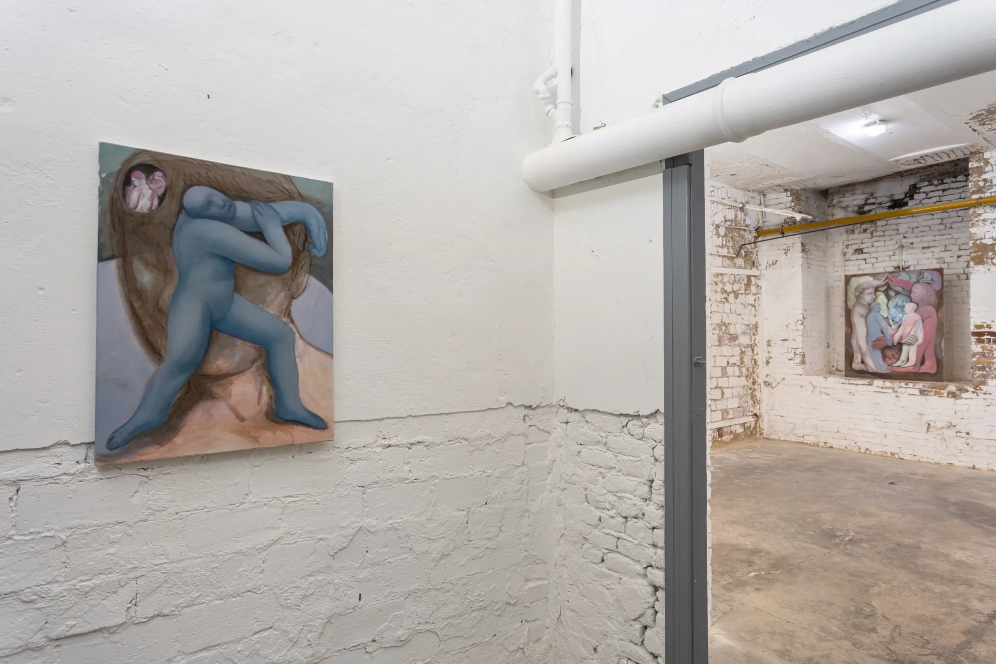 Eszter Kálóczy artworks, Exhibition view, Inner Spaces, Gallery Rechnitzer, Budapest, 2026, painting with organic branching pink form on white brick wall next to industrial mechanical structure.