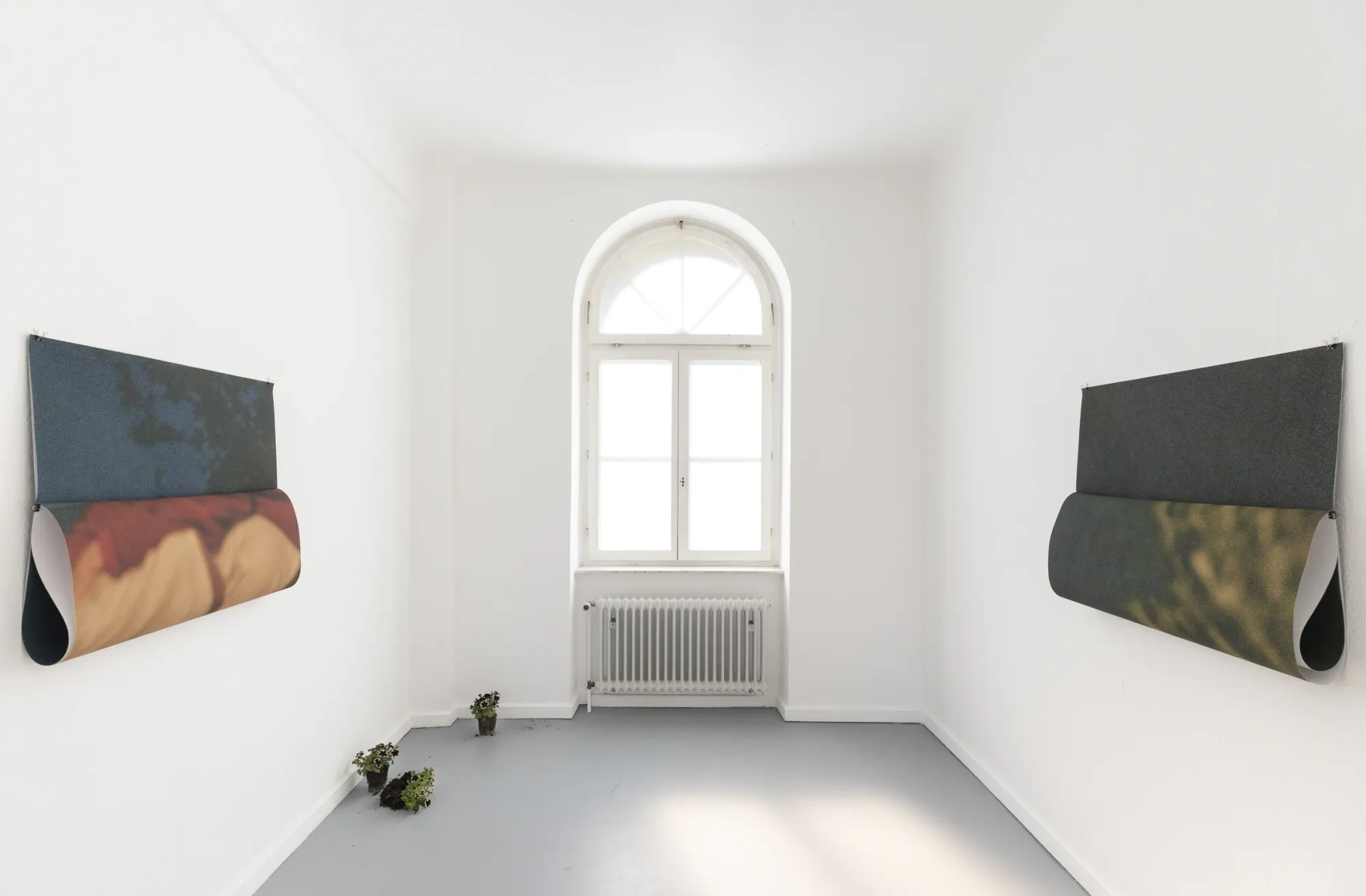 Kunstverein Wilhelmshöhe current exhibition, Catapult review, painting and structure on the wall with flower pots below