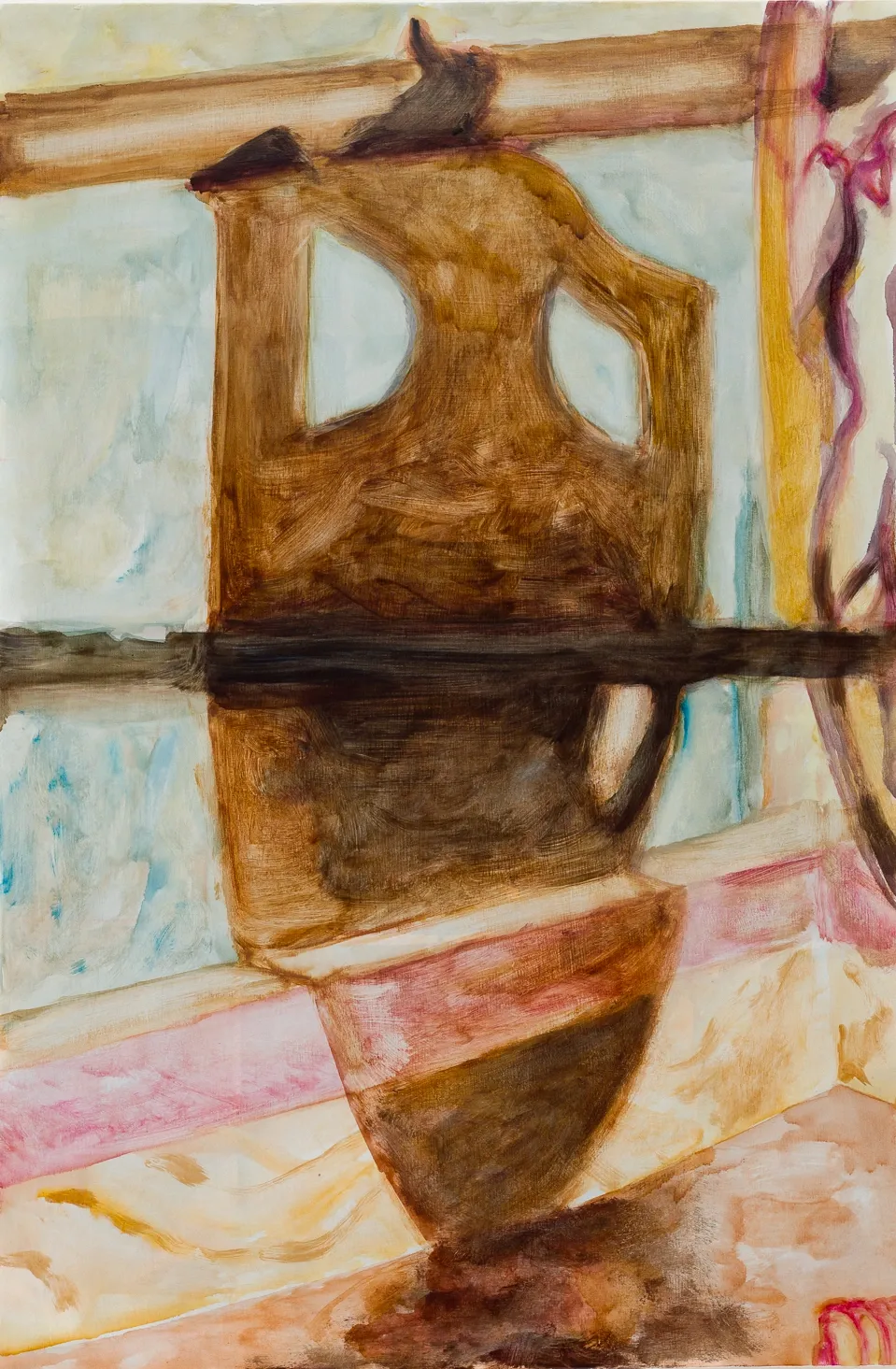 Emma Kling, Threshold Object, oil on wood, abstract figurative form resembling a distorted body or architectural fragment, reflected in a horizontal surface, with soft earthy tones and fluid brushwork