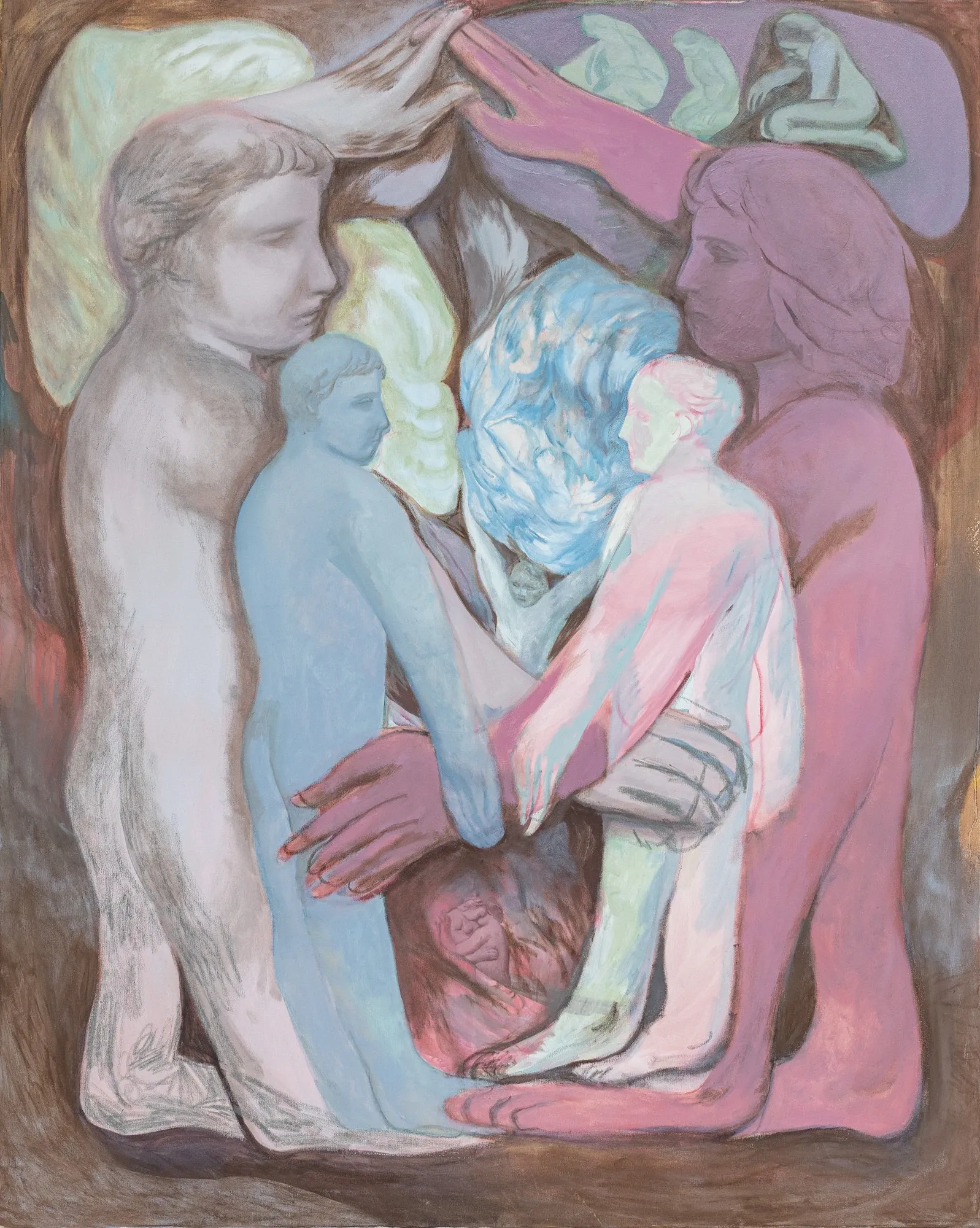 Eszter Kálóczy, Interconnected Spaces, 2026, oil on canvas, figurative composition with intertwined pastel-toned bodies in pink, blue, and grey, layered with smaller figures and abstract organic forms suggesting inner psychological space.