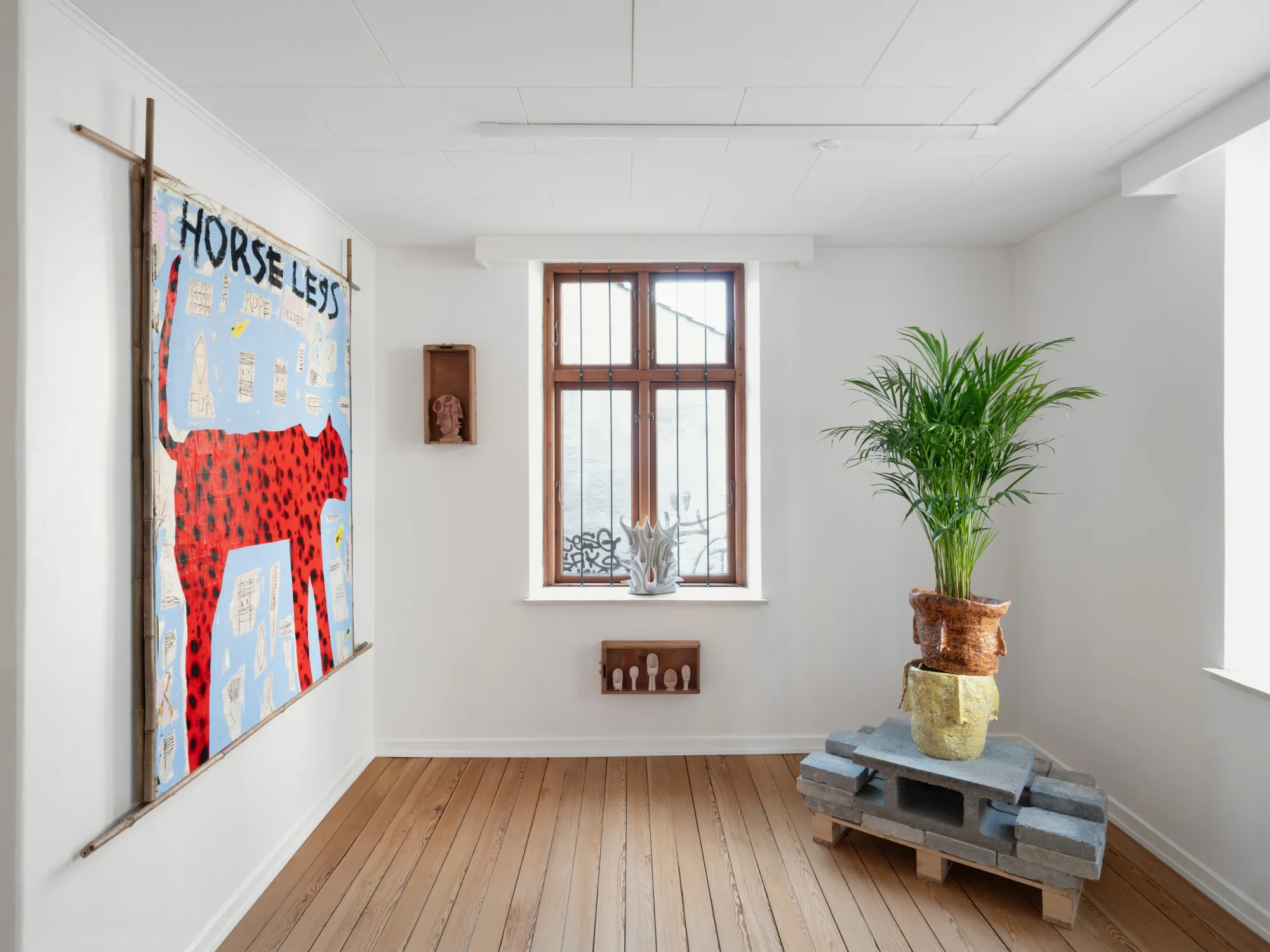 Gallery Fusion, Installation view with Dino Cama's Horse Less painting and Rune Lambrecht ceramic sculptures, Grihodda,