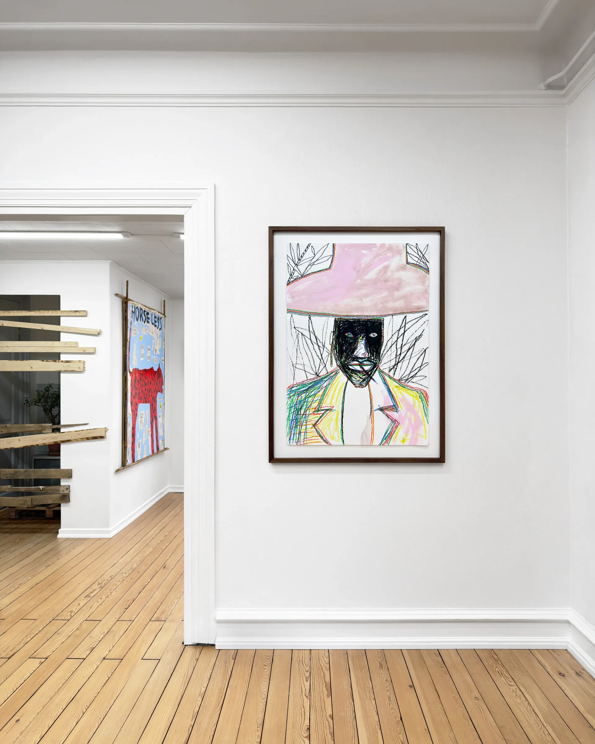 Installation view showing Dino Cama framed work and Horse Less painting visible through doorway, Grihodda, Gallery Fusion