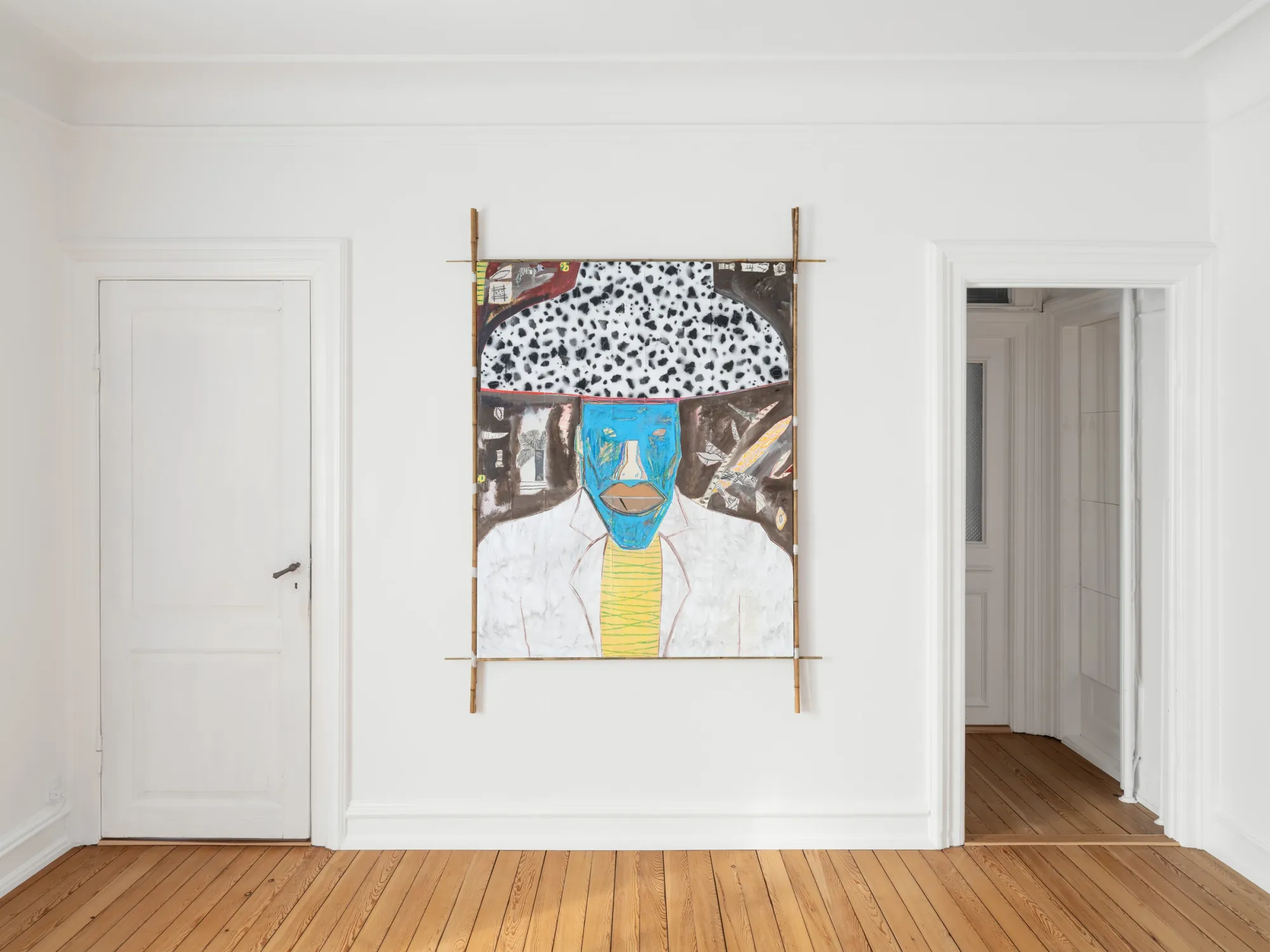 Gallery Fusion: Dino Cama large-scale painting with blue face and dalmatian pattern on bamboo frame, Grihodda,