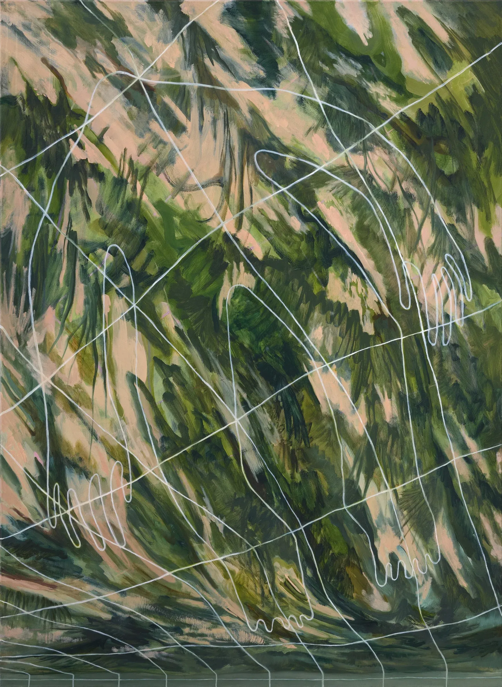 Júlia Csapó, Surface-shape-mesh, 2024, oil on canvas, abstract landscape with green layered brushstrokes and white linear forms suggesting human figures dissolving into environment.