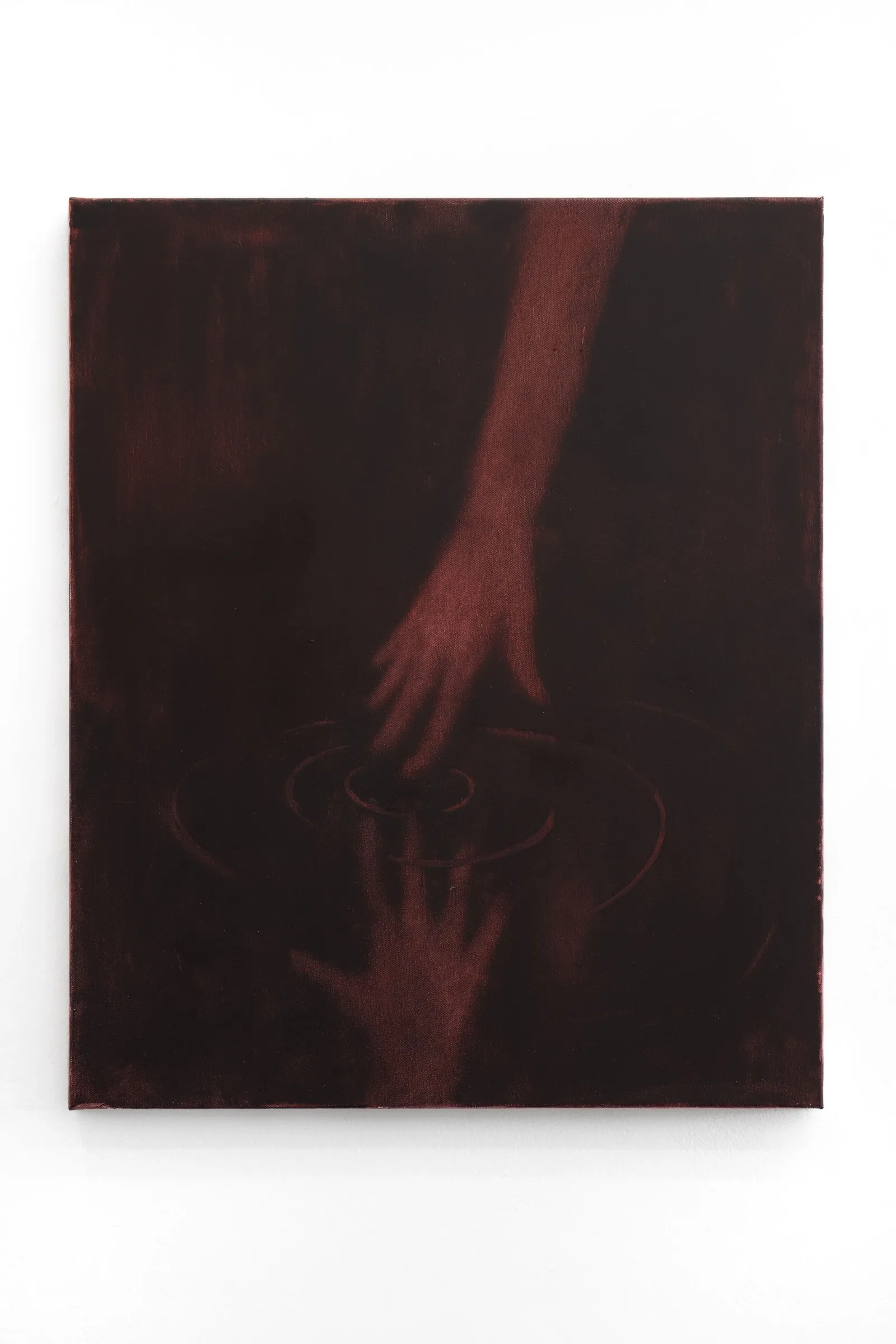 ulia Selin, 13 billion years of ecstasy, Galerie Leu, Munich, 2026, two hands meeting across a spiral ripple on dark red ground