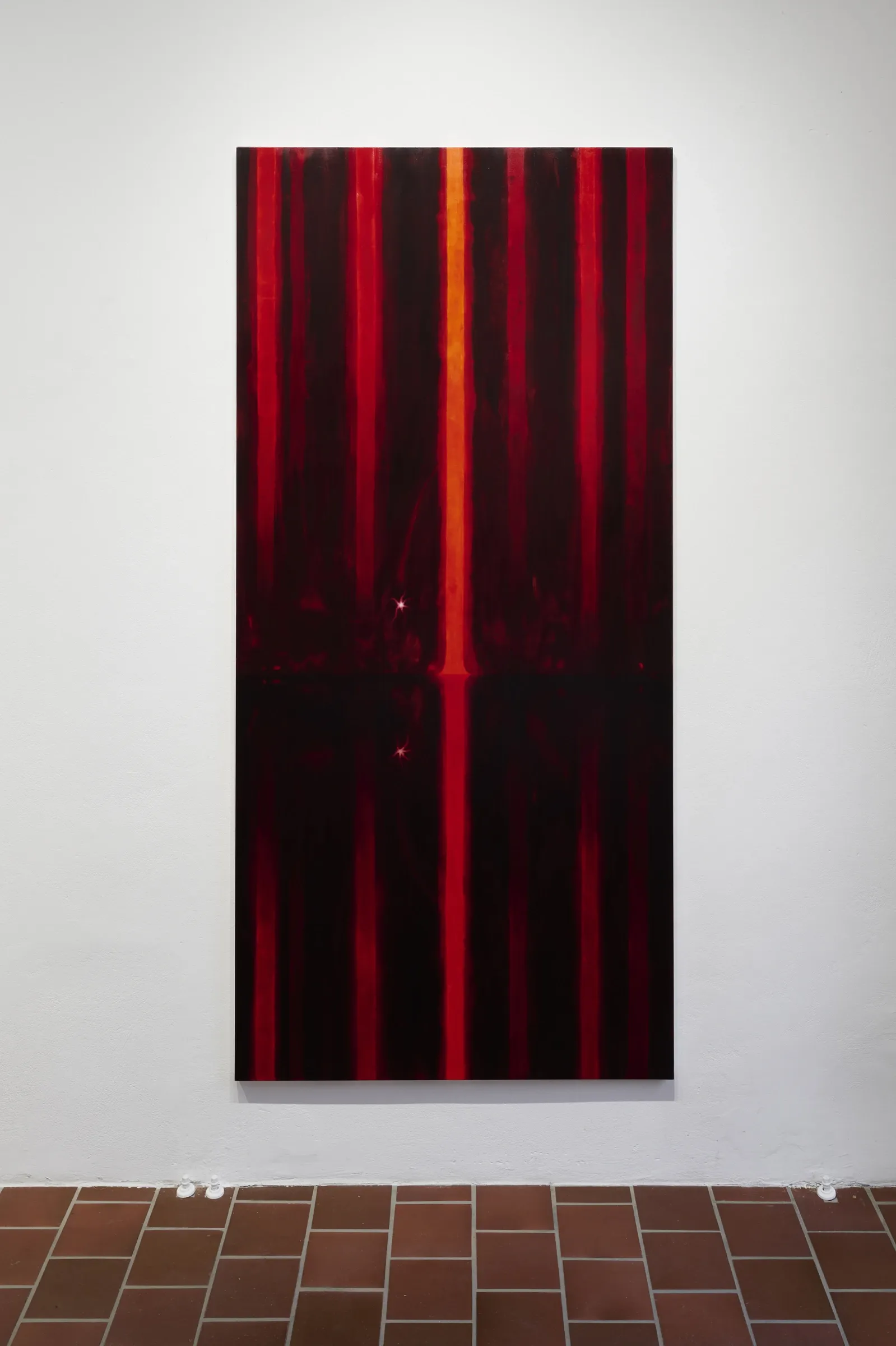 Julia Selin, No stars, Galerie Leu, Munich, 2026, tall vertical painting with parallel red orange stripes descending into near-black