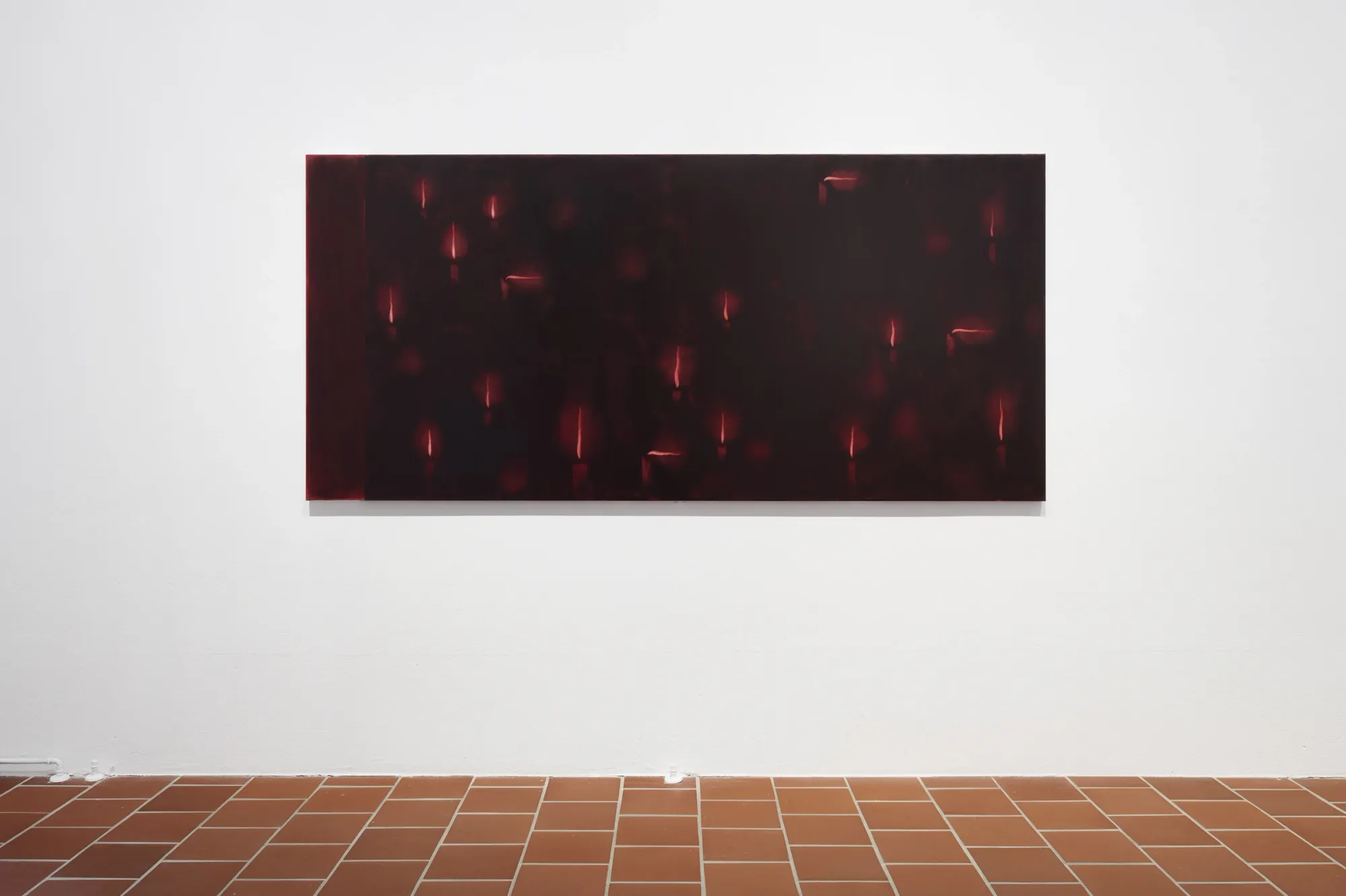 Julia Selin, My signature will dissolve into nothing, Galerie Leu, Munich, 2026, wide horizontal dark painting with scattered red light fragments