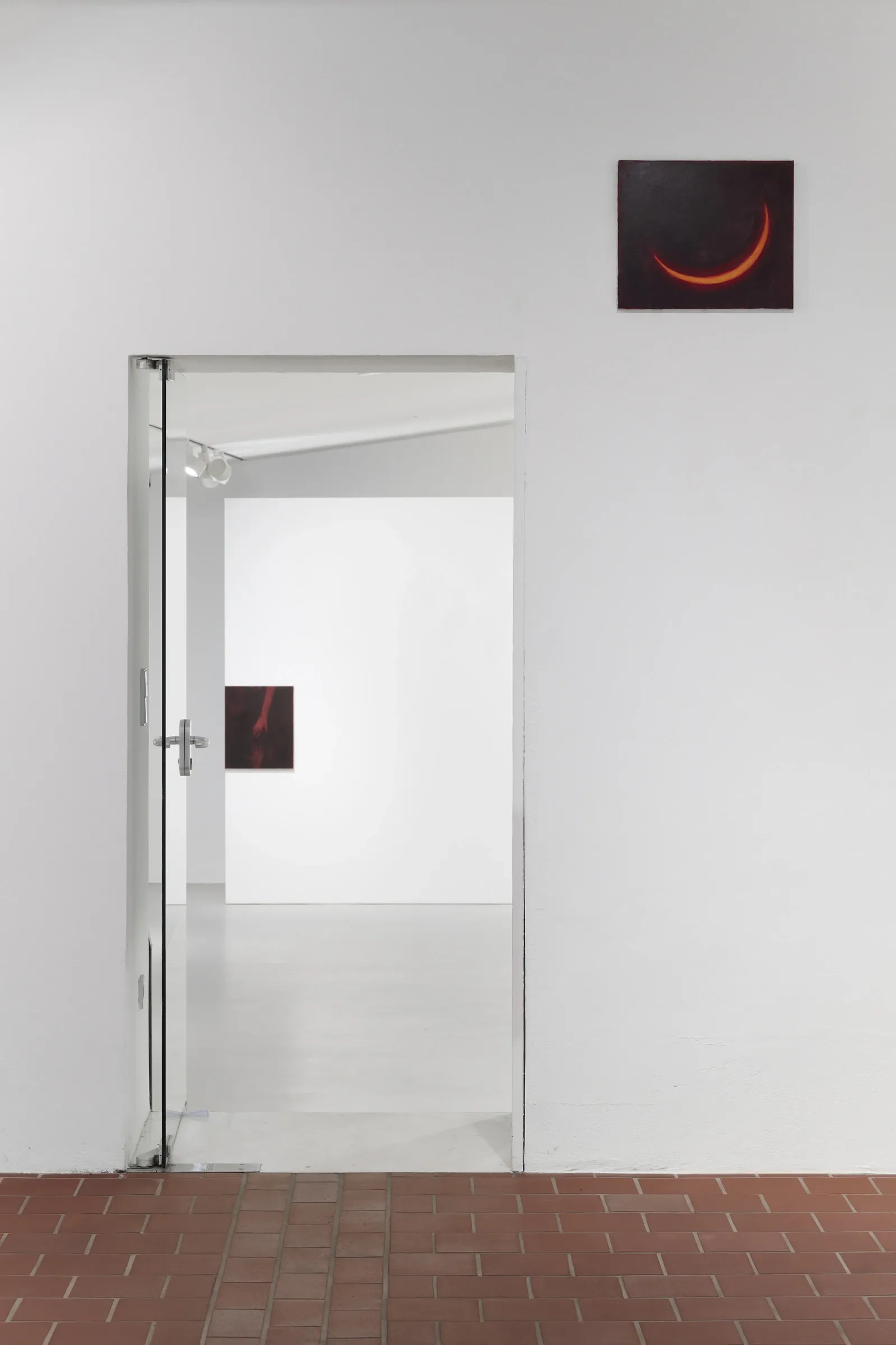 Julia Selin, Sun's Show, Galerie Leu, Munich, 2026, entrance installation view with crescent painting