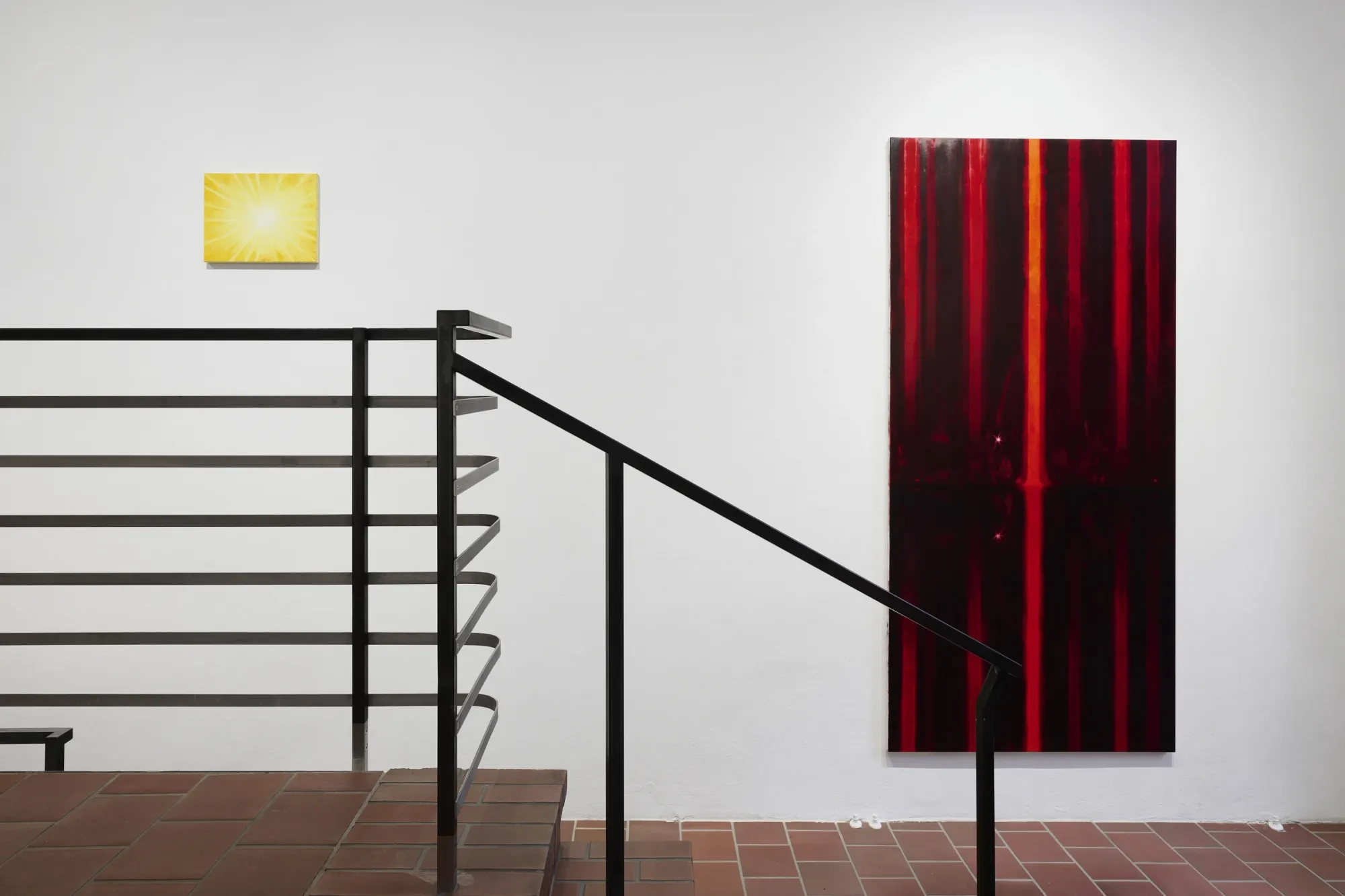 Julia Selin, Sun's Show, Galerie Leu, Munich, 2026, installation view on gallery staircase with Bloom and No stars