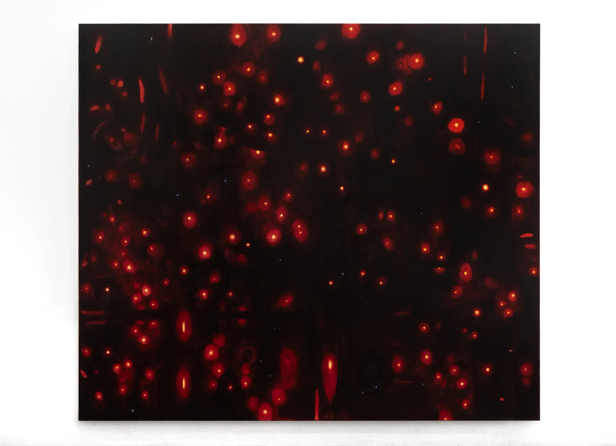 Julia Selin, This world, Galerie Leu, Munich, 2026, large painting with hundreds of red orange glowing orbs on black