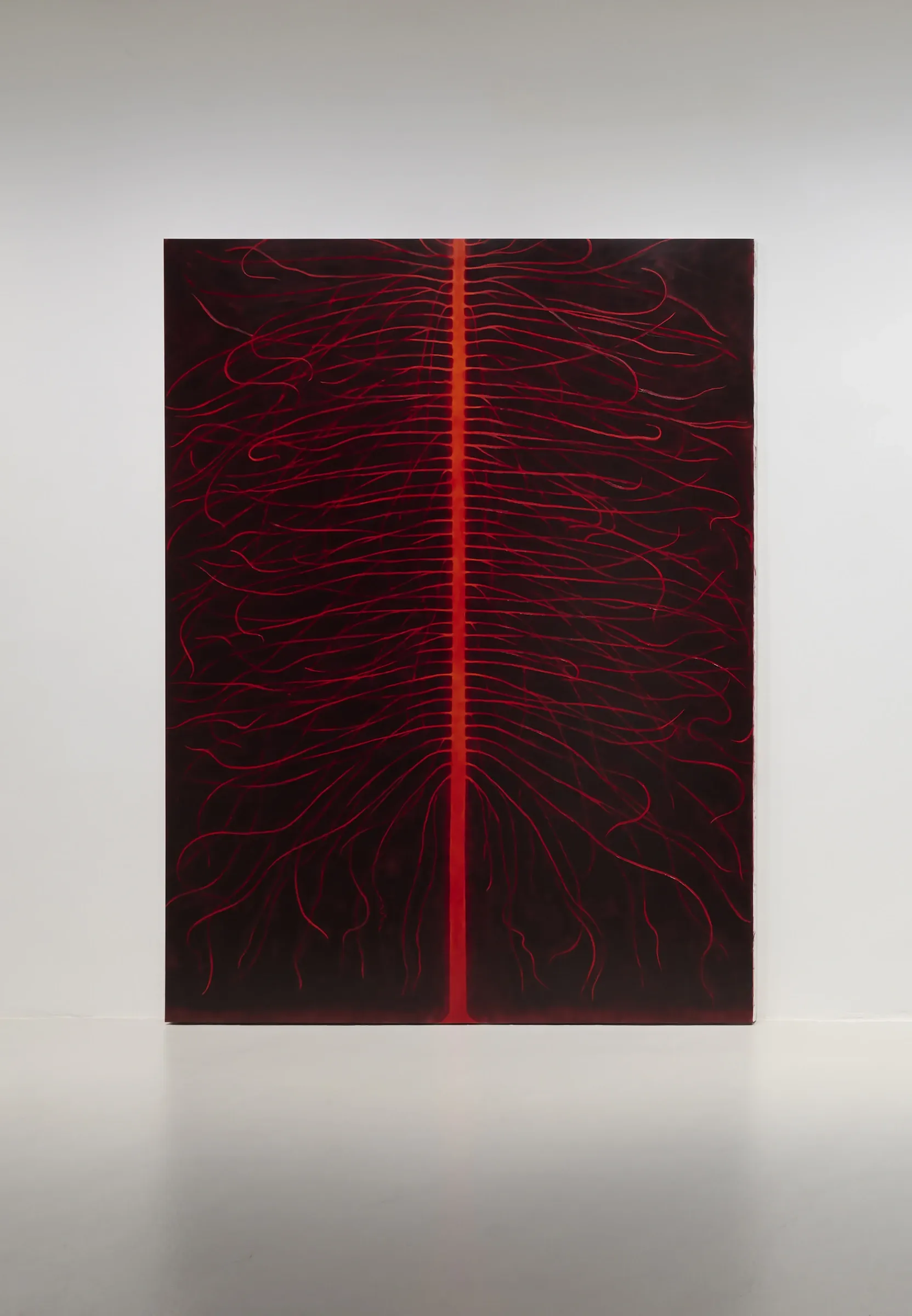 Julia Selin, What were the skies like when you were young?, Galerie Leu, Munich, 2026, large vertical oil painting with red branching lines