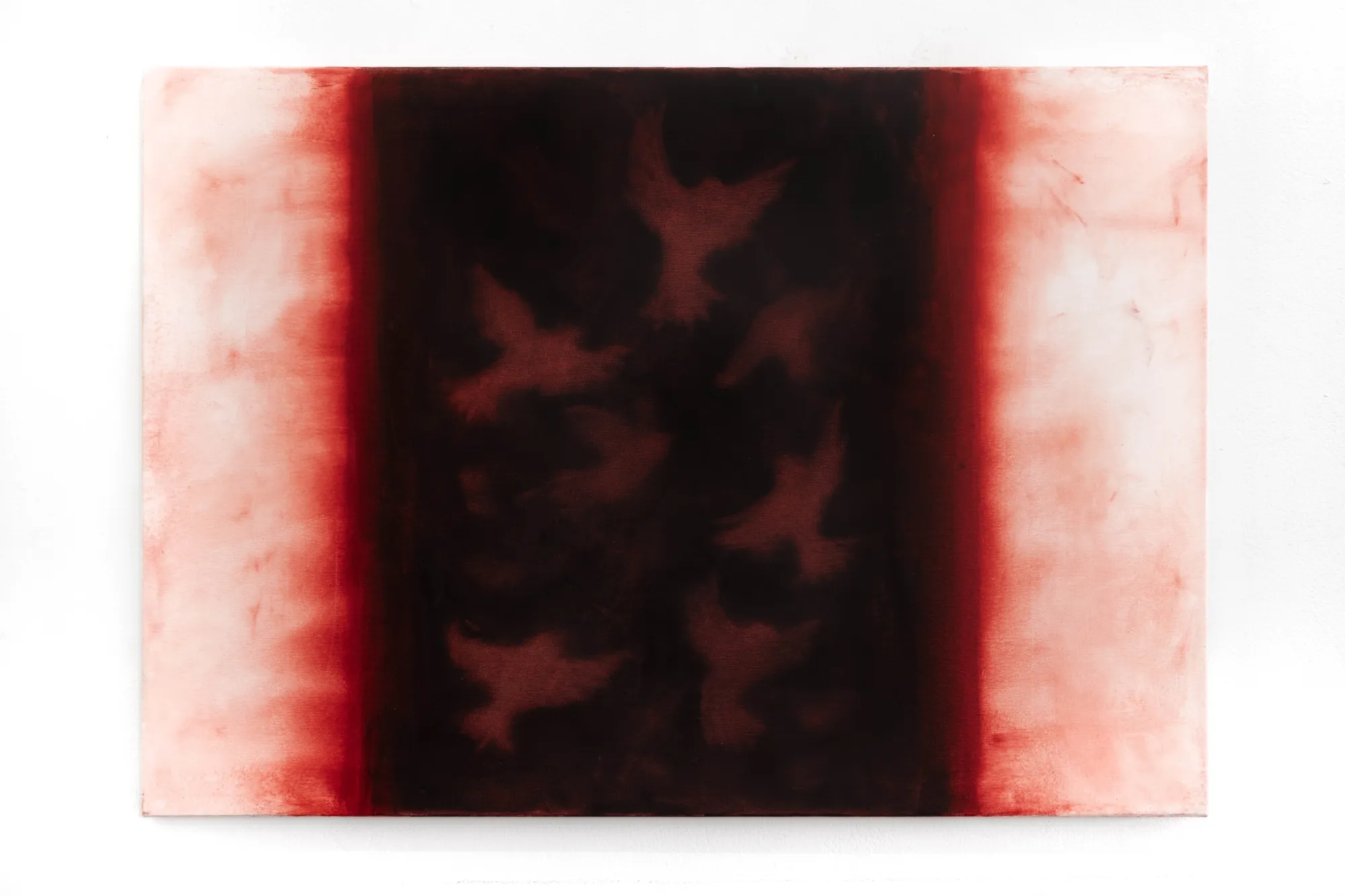 Julia Selin, What would they call themselves, Galerie Leu, Munich, 2026, bird silhouettes in dark central field with red-pink gradient borders