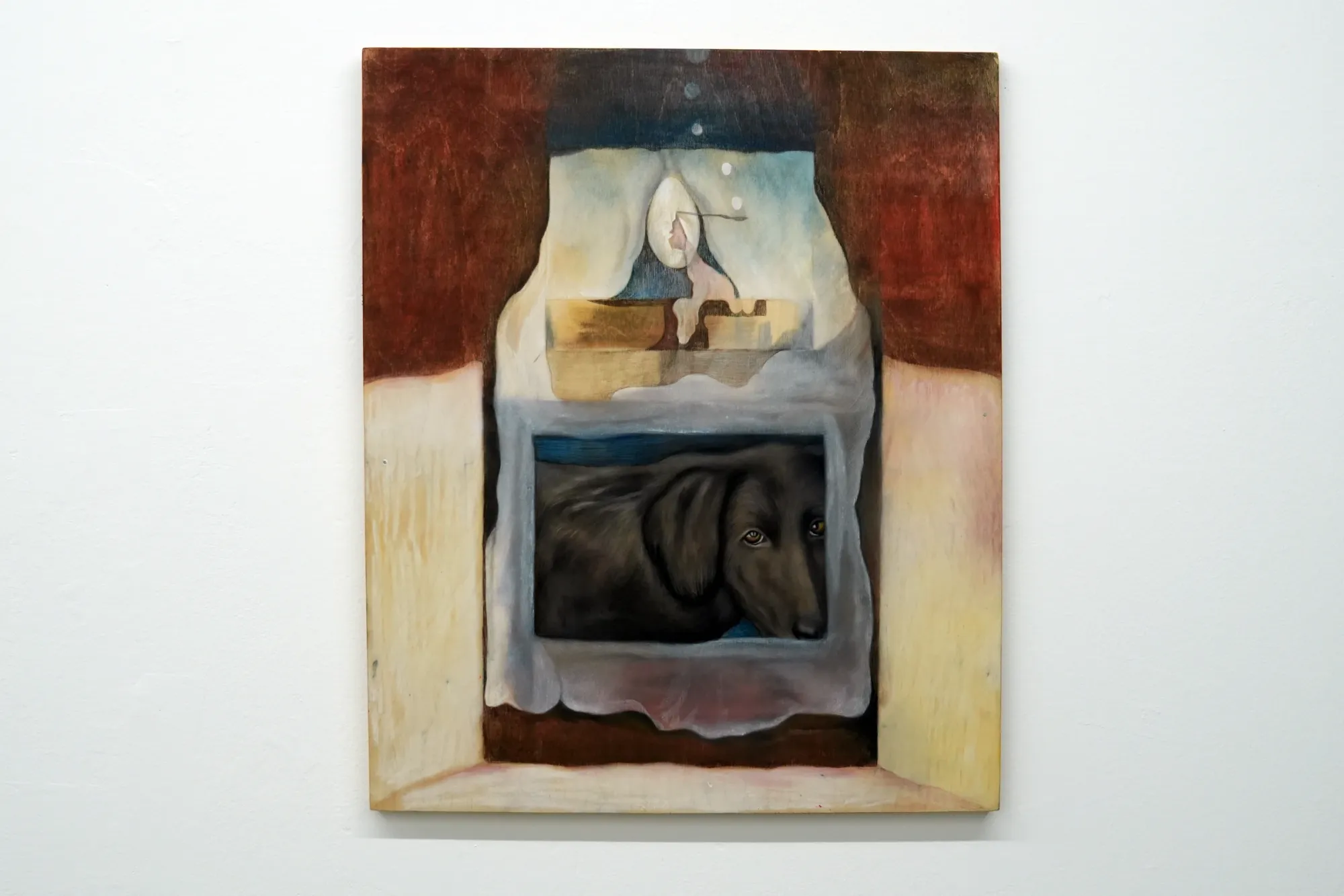 Nata Varazi, Hunger feels like howling at eternity, 2025 — mixed media on wood depicting a nested arch-shaped composition with a dark dachshund looking directly at the viewer in the lower register and a surreal luminous interior with small figure above; The Why Not Gallery at Fabrika Project Space, Tbilisi.