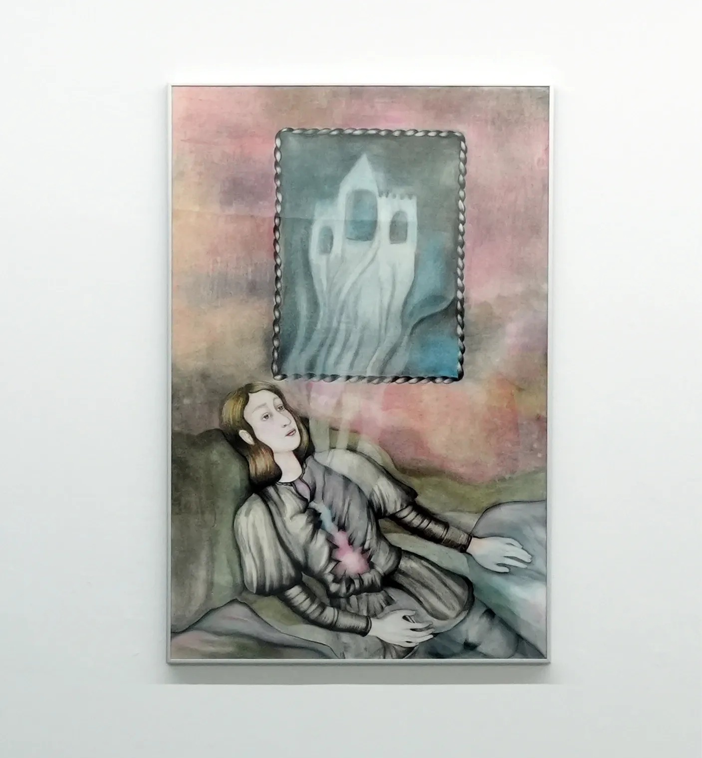 Nata Varazi, Untitled, 2025 — framed drawing depicting a reclining female figure with a glowing heart motif and a ghost-like architectural form above, rendered in soft gradients of pink, grey and green; watercolor pencil, oil pastels and pencil on paper; The Why Not Gallery at Fabrika Project Space, Tbilis