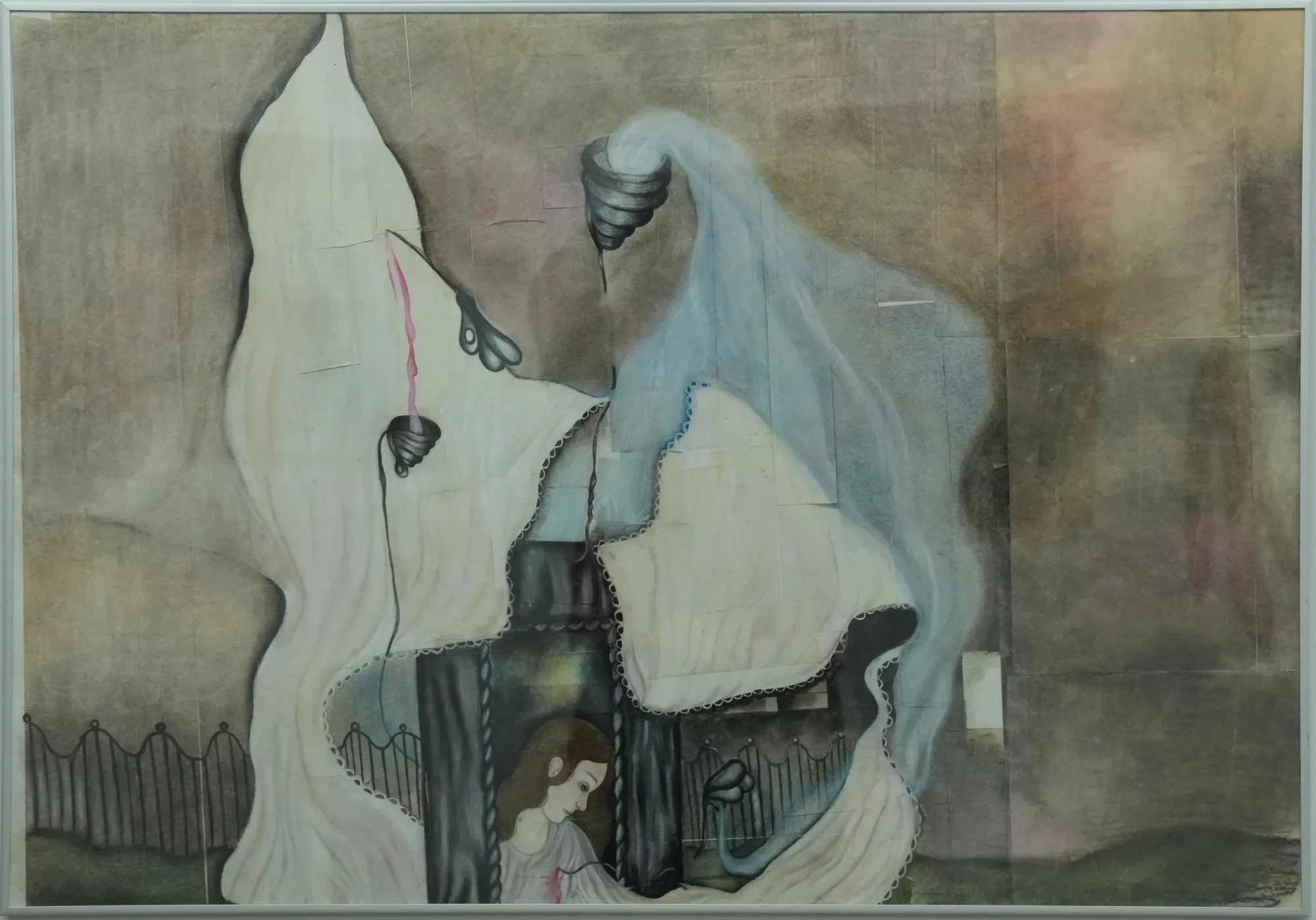 Nata Varazi, Untitled, 2025 — large-scale work on paper depicting a billowing ghost form with descending tornado element and pink candle above a seated female figure surrounded by iron fence motifs; watercolor pencil, oil pastels and pencil on paper; The Why Not Gallery at Fabrika Project Space, Tbilisi.