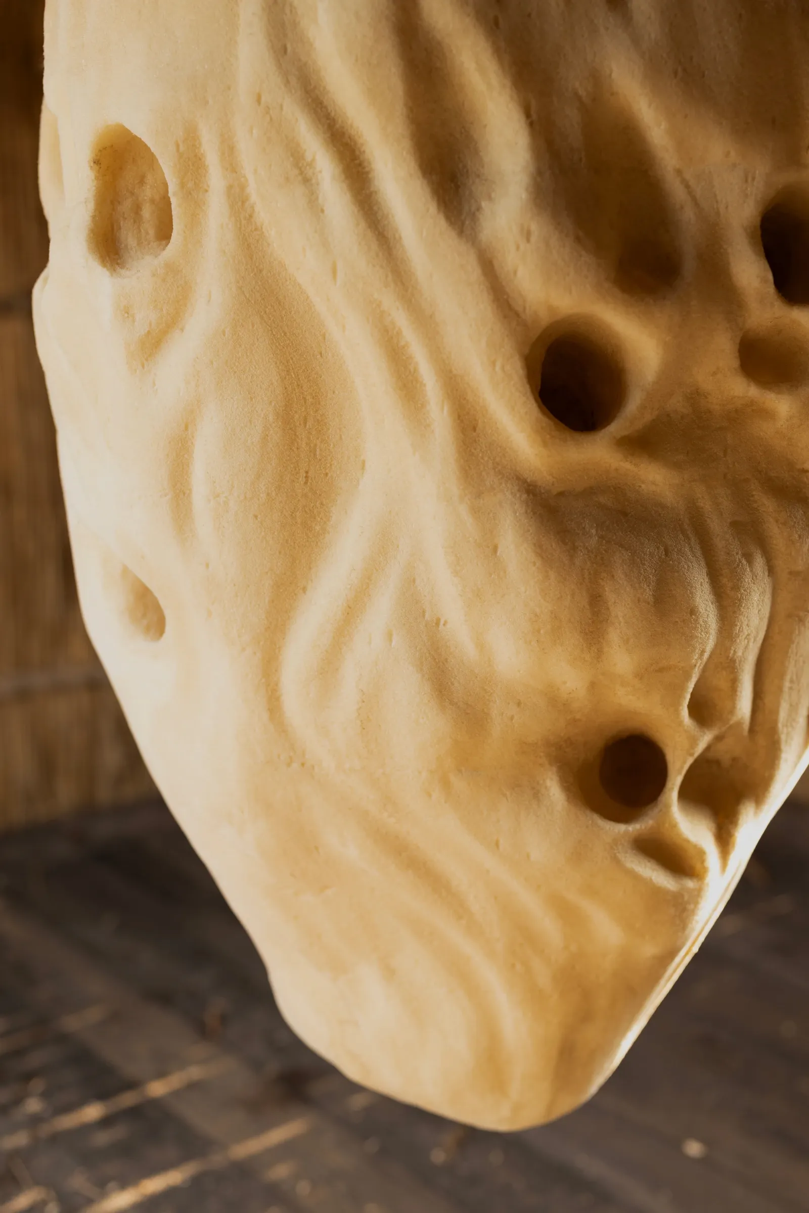 Olivia Rode Hvass, She listens but she can't speak, detail, Museet for Samtidskunst, Roskilde — lower section of the building-foam cocoon in warm amber light; the organic pitted surface tapers above a wooden floor, reed walls in the background.