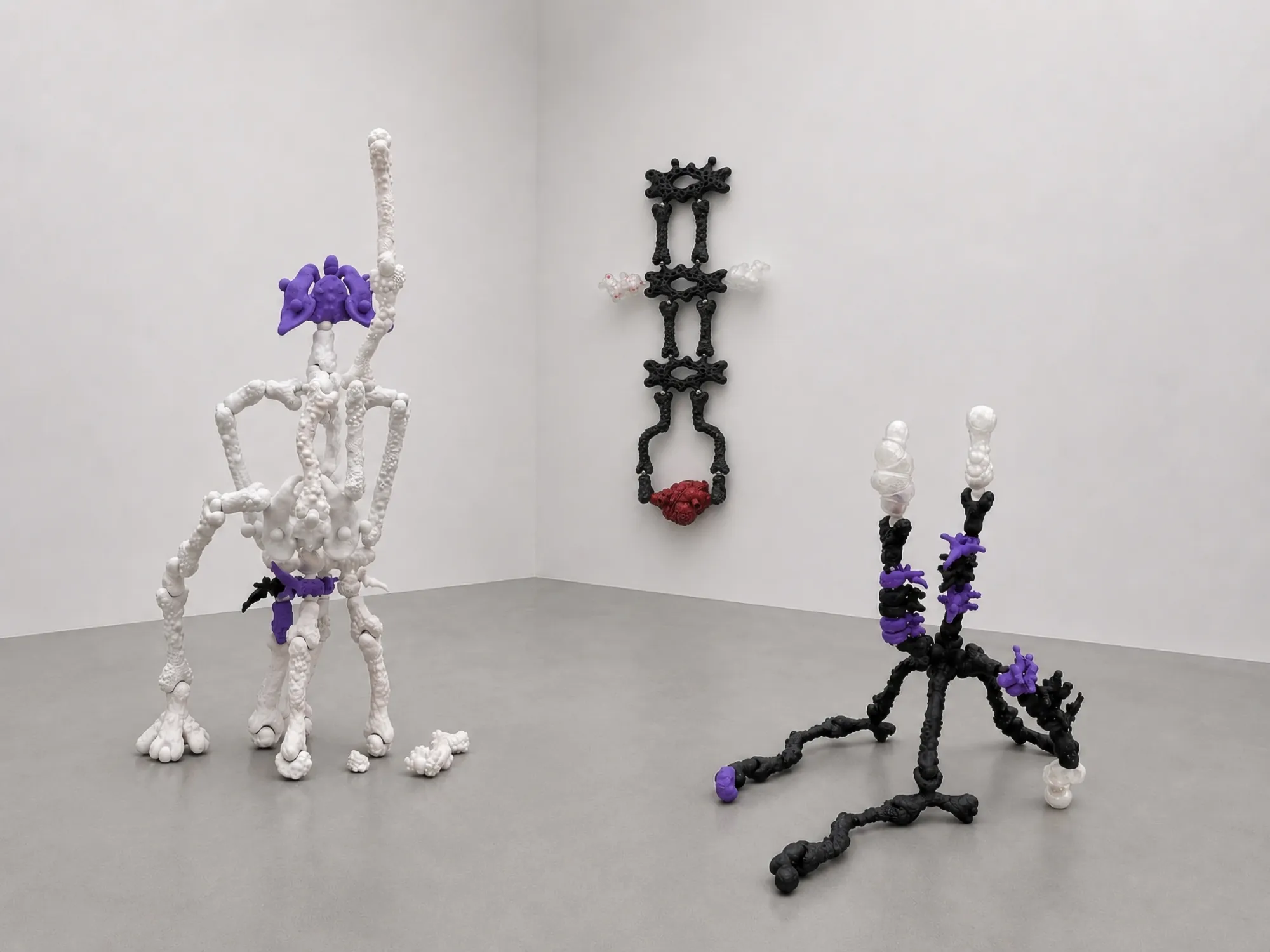 Installation view with three sculptures: large white multi-legged figure with purple organs on the left, black organism with purple accents on the right, vertical black spine piece with red organ hanging on the wall between them