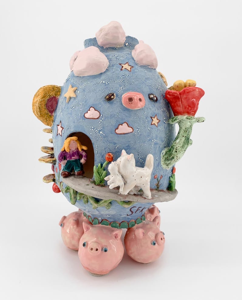 super future kid artwork, ceramic vessel, called Cat Cafe, figurative storytelling version, 2026