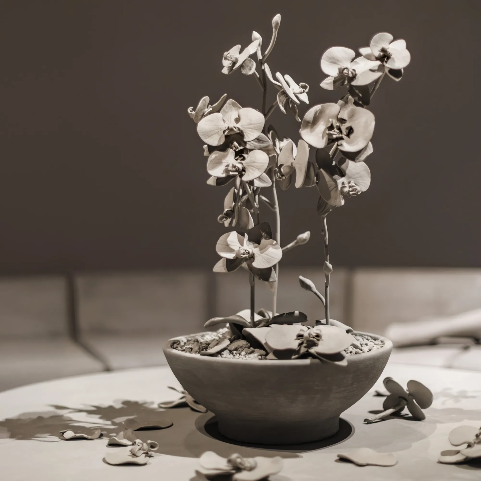 Alejandro Monge, The Grey Orchid, LA BIBI Gallery, Palma, 2025, figure with screen detail resin