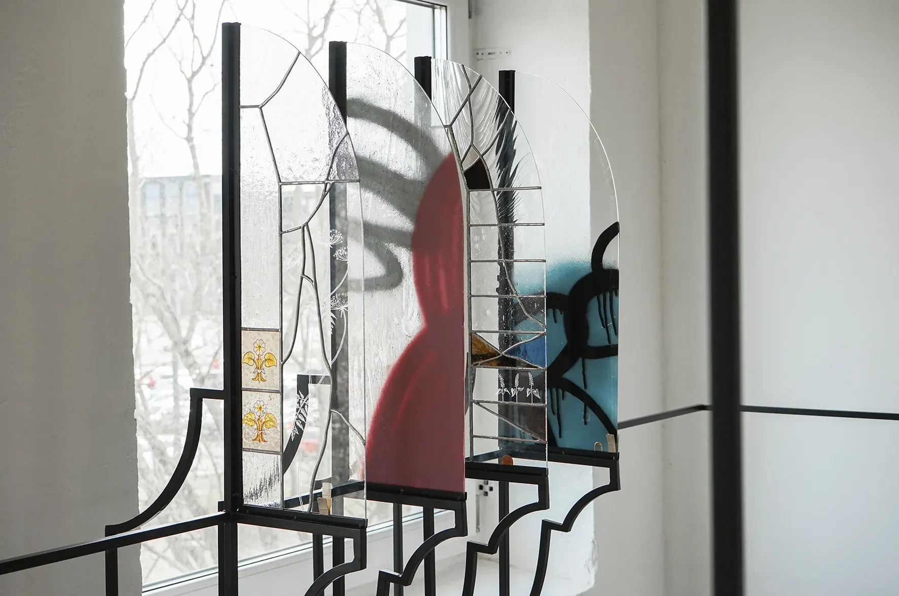 Anna Mari Liivrand, Amid Bitter Flowers, detail, stained glass and wrought iron, EKKM Tallinn, 2026