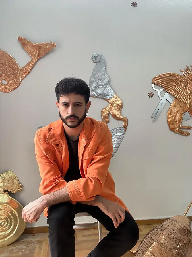 Dimitris Gketsis in his studio in Athens surrounded by his copper sculptures , insight for Catapult contemporary