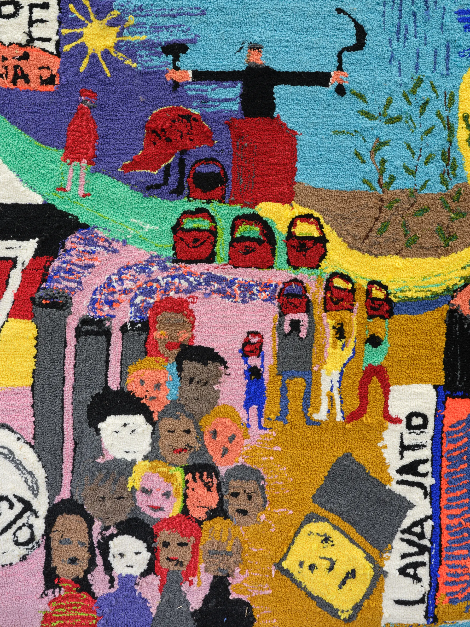 Elen Braga, Ich bin wie du, NAK Neuer Aachener Kunstverein, Aachen, 2026, detail of six-meter textile with figurative imagery and text elements