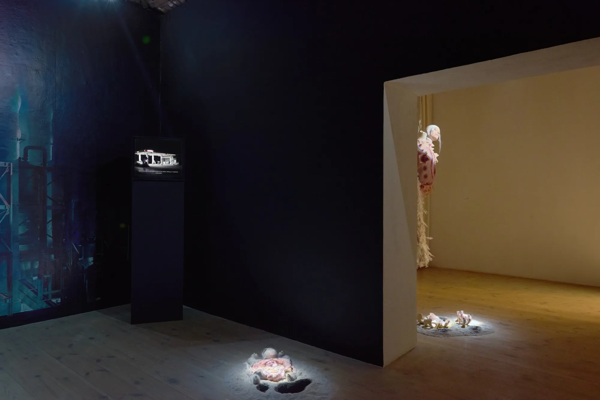Anna Engelhardt and Tina Bxtq, Bleed Through, Galerie 35M2, Prague, 2026, two-room installation view with video work and hanging costume