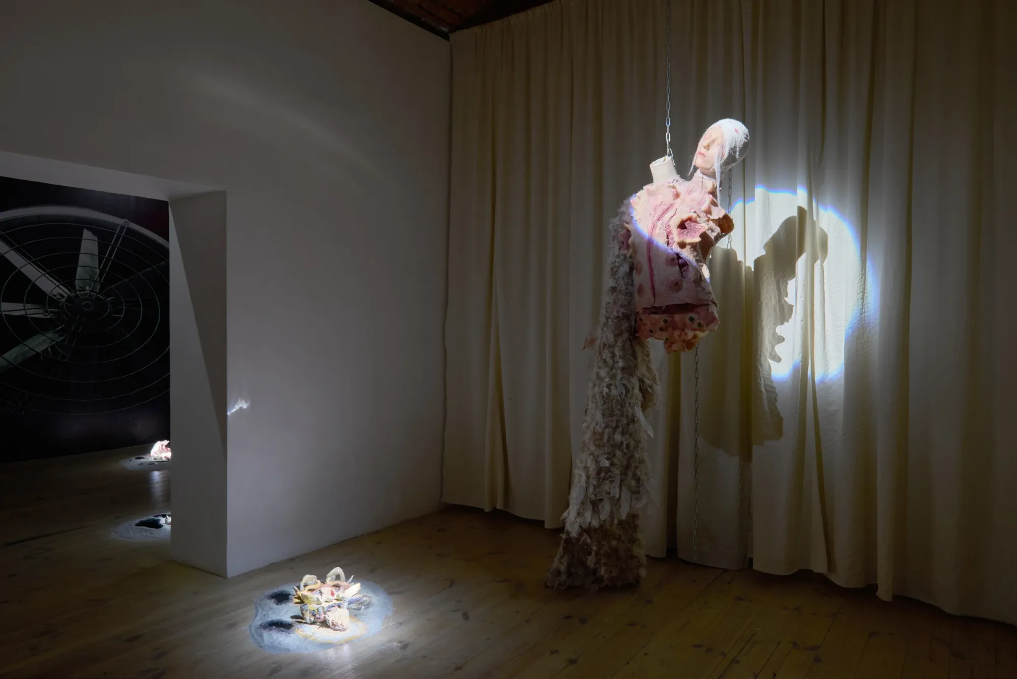 Anna Engelhardt and Tina Bxtq, Bleed Through, Galerie 35M2, Prague, 2026, installation view with suspended costume and shadow on curtain