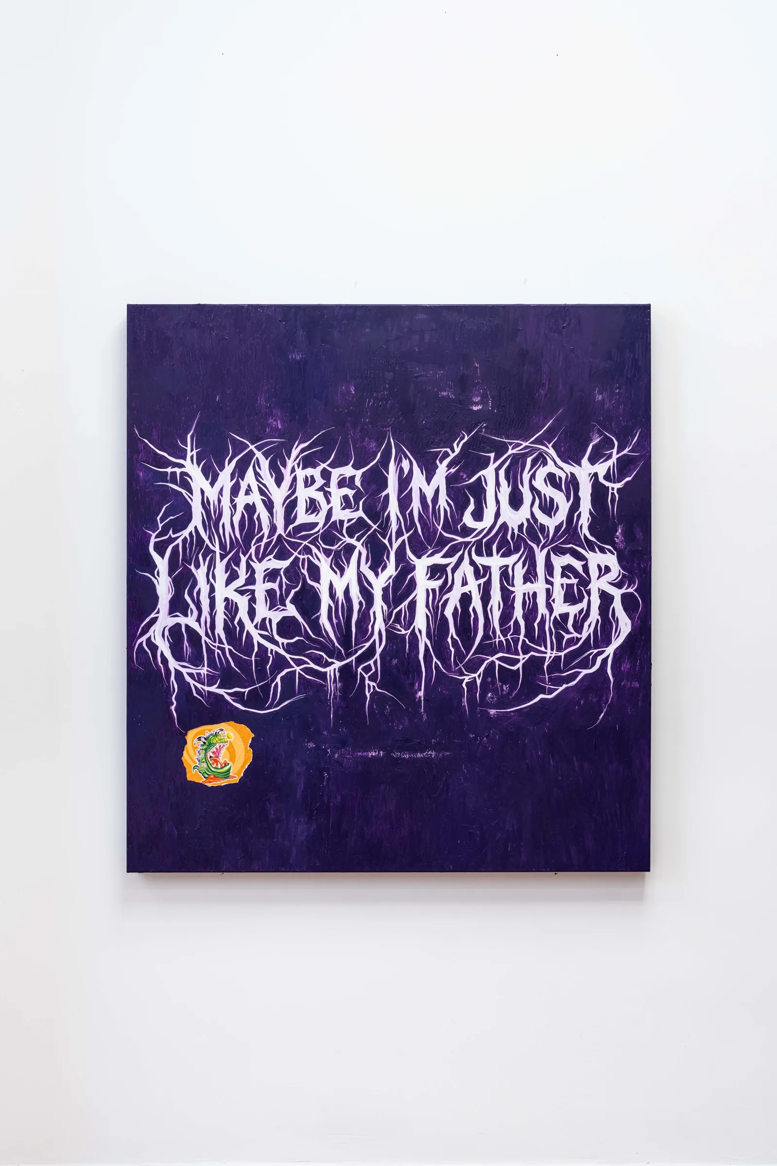 Joschua Yesni Arnaut, Maybe I'm Just Like My Father, Galerie 3AP, Frankfurt, 2026, square purple painting with metal-style typography and small badge