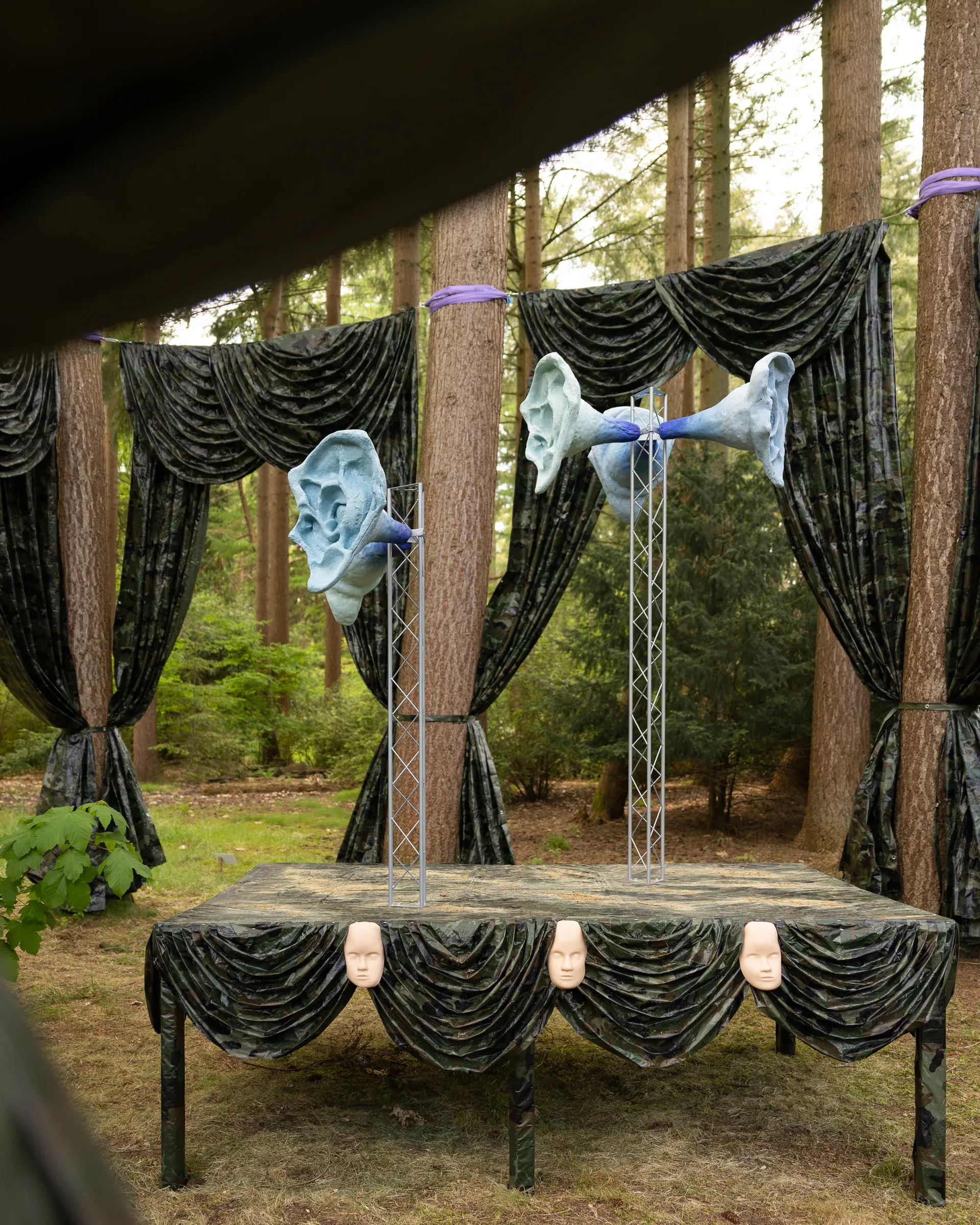 Katharina Busl, Nothing Up My Sleeve, PaltzBiënnale Soest 2026, ear and speaker-form sculptures on metal lattice trusses