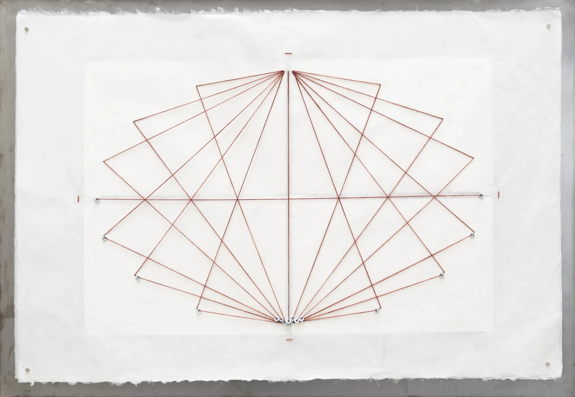Sara Kieffer & Lucien Woodtli - Kieffer Woodtli, Resonance Studies, AXES, Alvarez Chida, Mexico City, 2026, elliptical red wire geometric diagram on white handmade paper