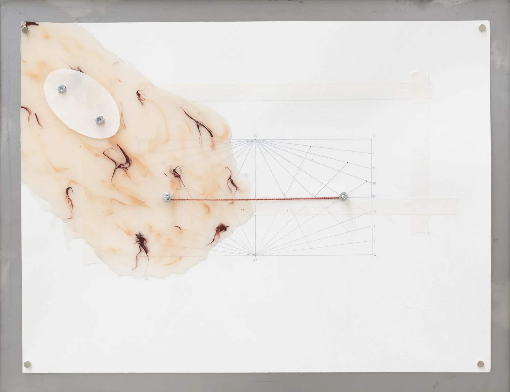 KiefferWoodtli, Resonance Studies, AXES, Alvarez Chida, Mexico City, 2026, organic amber form and geometric red wire drawing on handmade paper