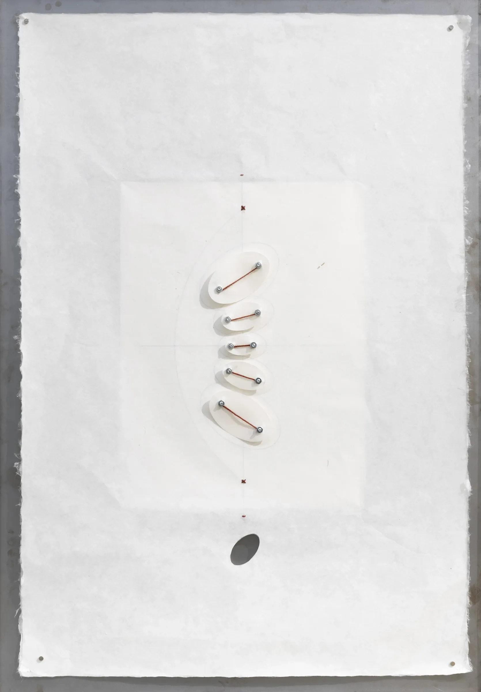 Kieffer Woodtli, Resonance Studies, AXES, Alvarez Chida, Mexico City, 2026, five stacked ellipse cut-paper reliefs with red wire on vertical axis